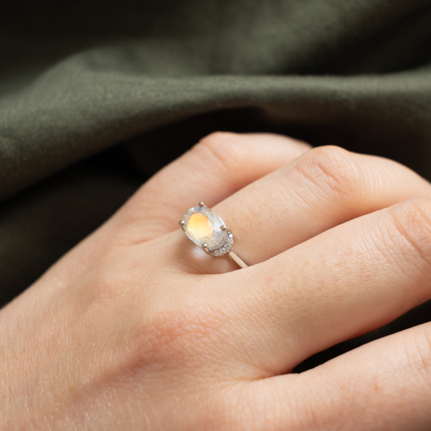 14k East West Moonstone & Diamond Accented Ring | 1.64ct, 0.06ctw | SZ 7