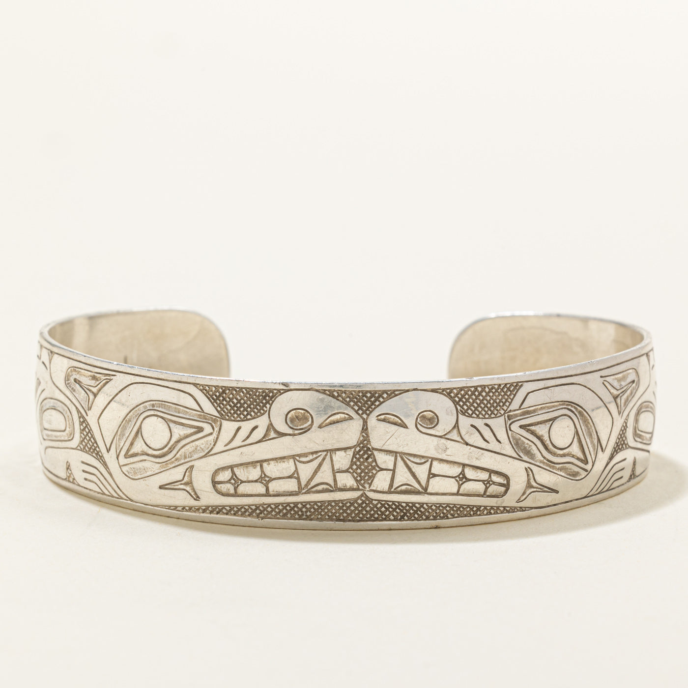 Sterling Silver Indigenous Carved Bear Split Design Cuff | 6.5"