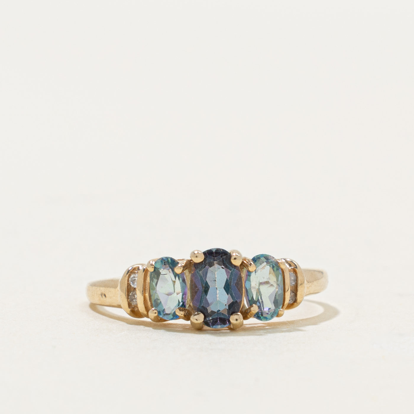 10k Three Stone Mystic Topaz & Diamond Accented Ring | 0.95ctw, 0.01ctw | SZ 7