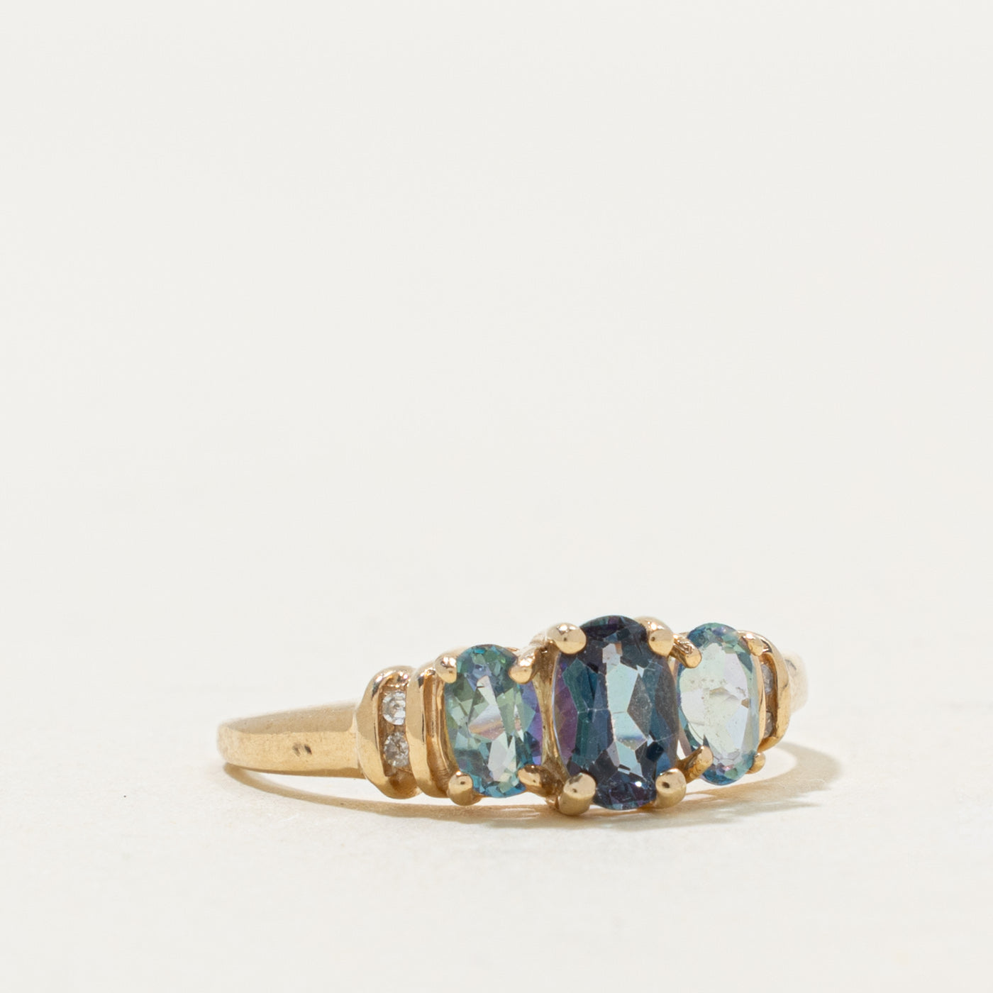 10k Three Stone Mystic Topaz & Diamond Accented Ring | 0.95ctw, 0.01ctw | SZ 7