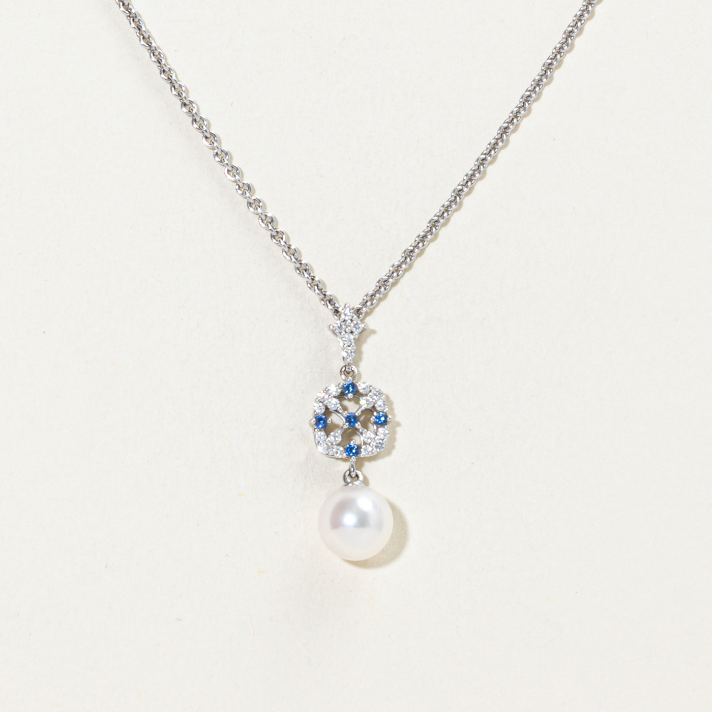 ‘Mikimoto’ 18k Sapphire & Pearl Pendant Necklace | 0.19ctw, 0.10ctw | 17.75"
