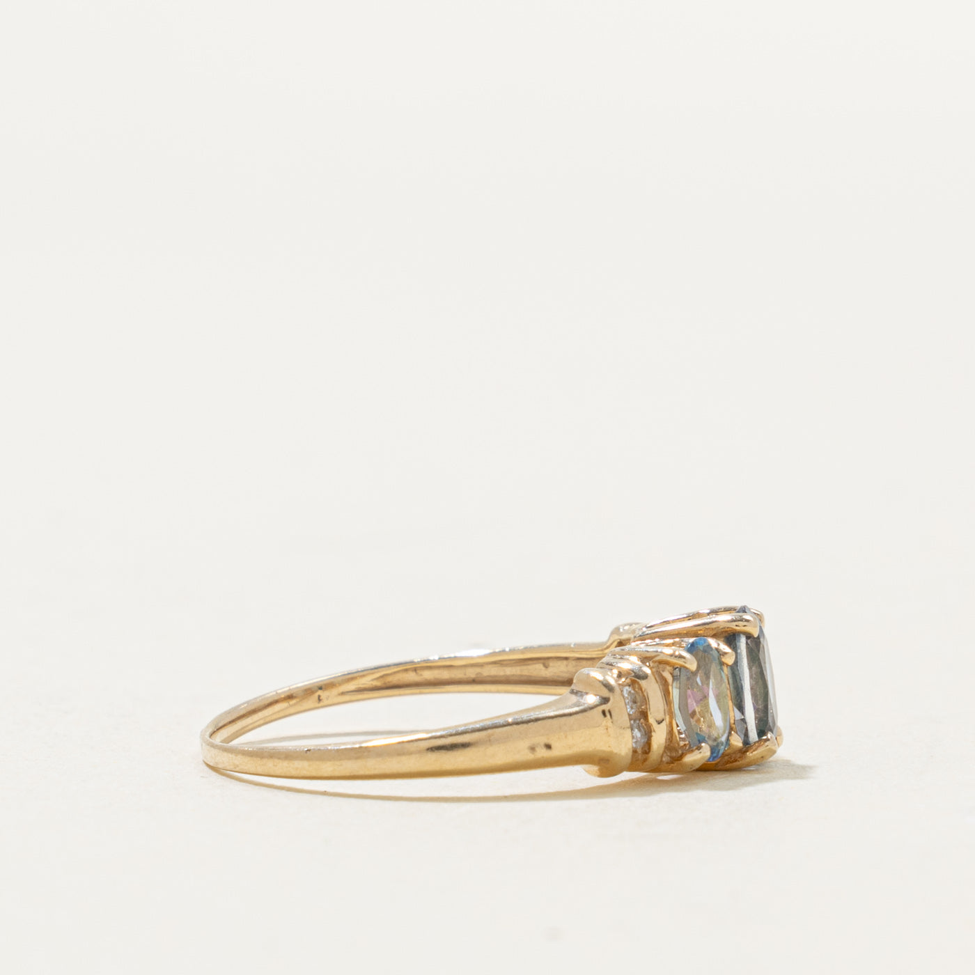 10k Three Stone Mystic Topaz & Diamond Accented Ring | 0.95ctw, 0.01ctw | SZ 7
