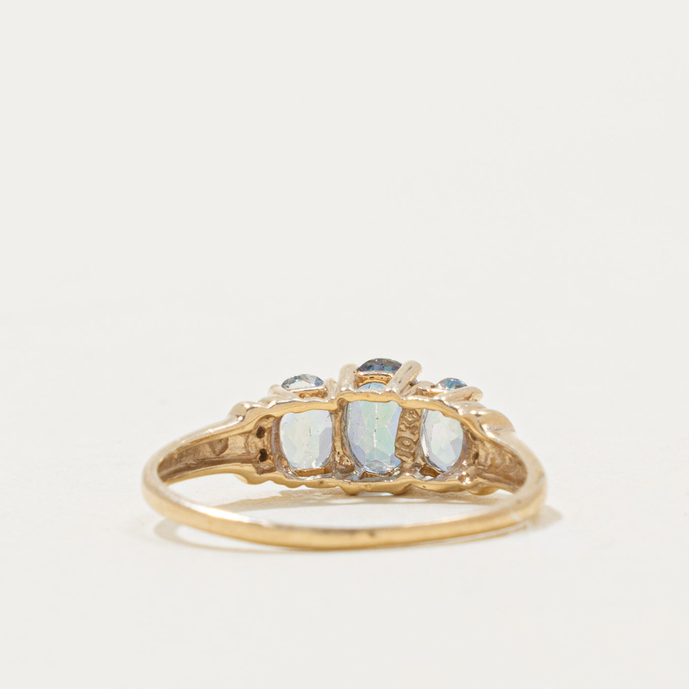 10k Three Stone Mystic Topaz & Diamond Accented Ring | 0.95ctw, 0.01ctw | SZ 7