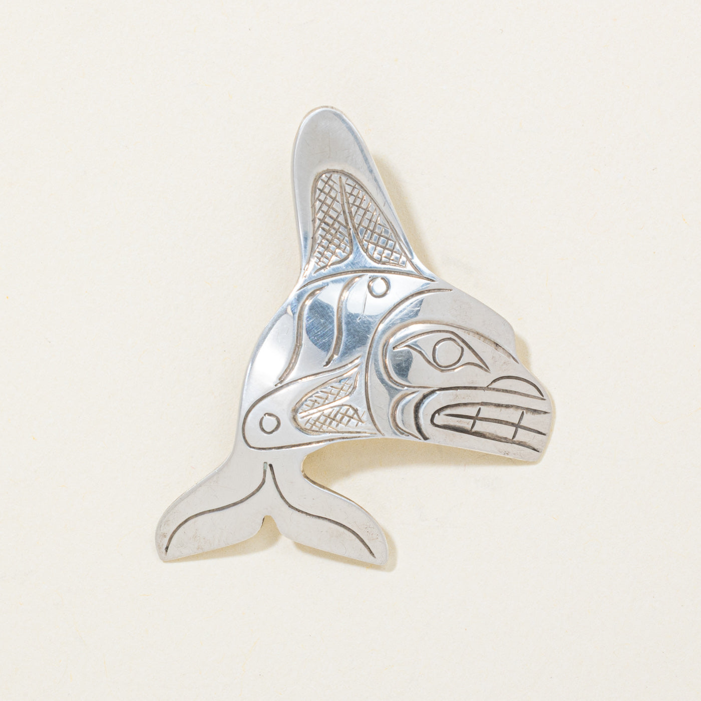 Sterling Silver Indigenous Carved Orca Pendant