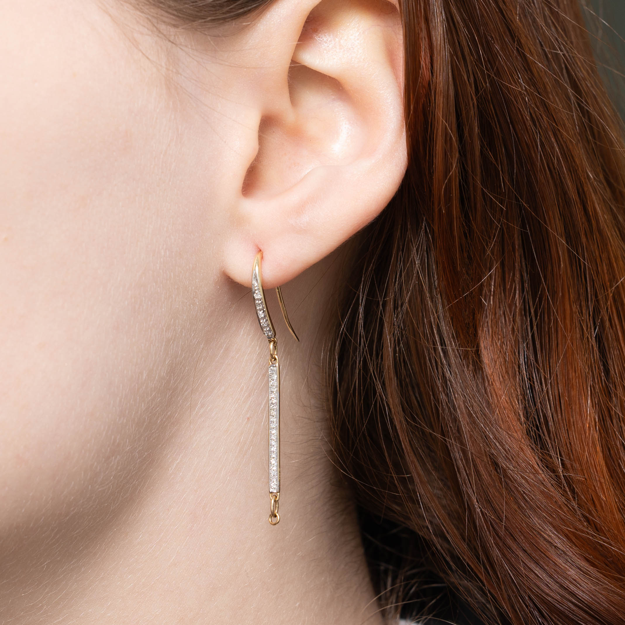 14k Pave Diamond Bar Drop Earrings