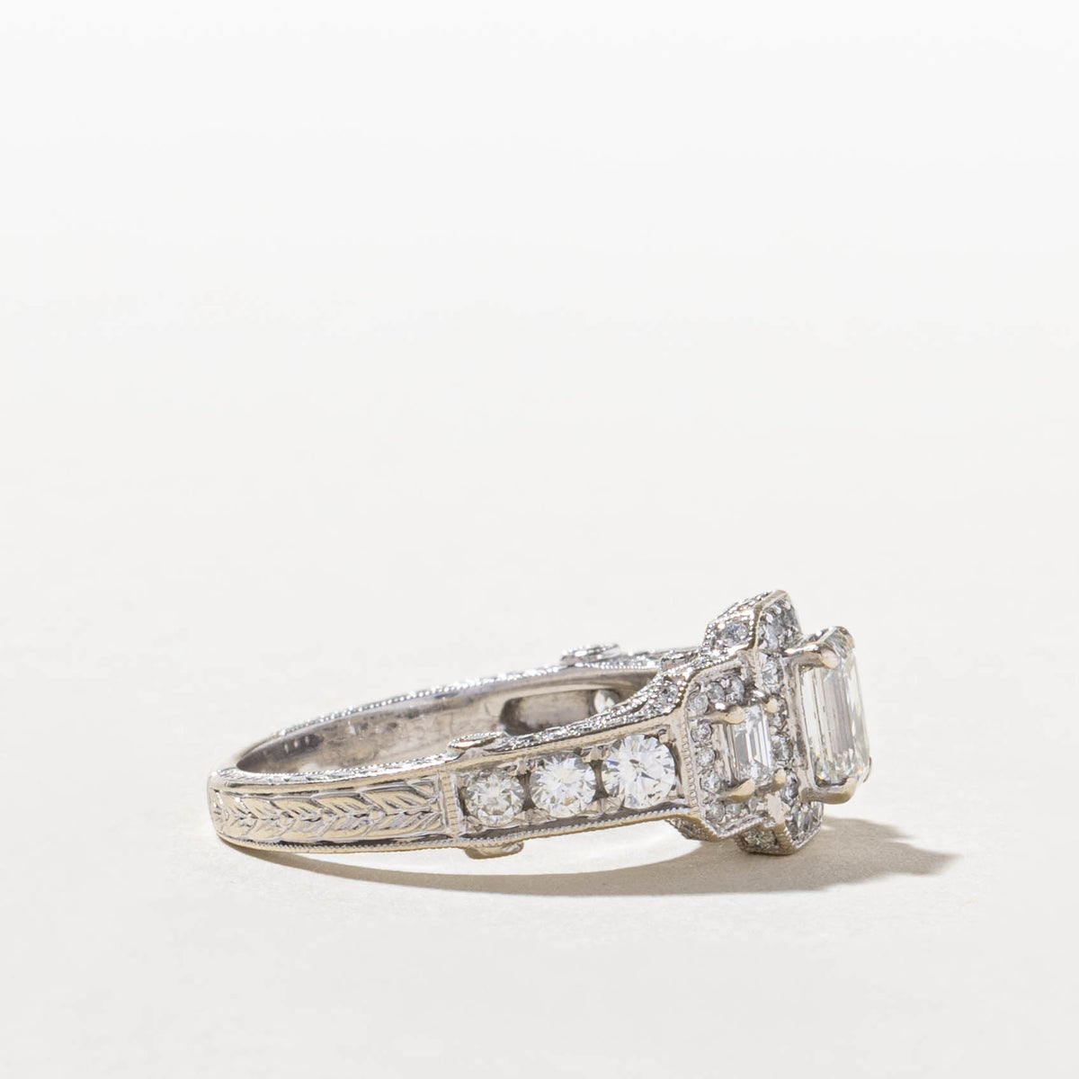 14k Three Stone Emerald Cut Diamond Halo Ring | 0.82ct SI2 G/H, 1.28ctw | SZ 7