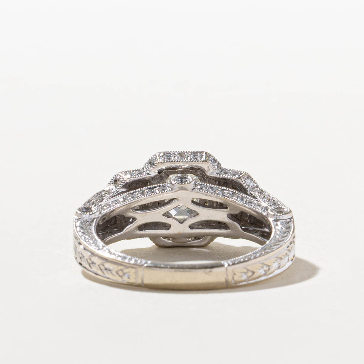14k Three Stone Emerald Cut Diamond Halo Ring | 0.82ct SI2 G/H, 1.28ctw | SZ 7