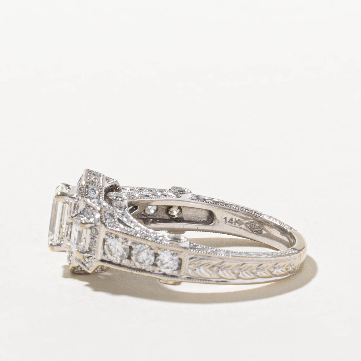 14k Three Stone Emerald Cut Diamond Halo Ring | 0.82ct SI2 G/H, 1.28ctw | SZ 7