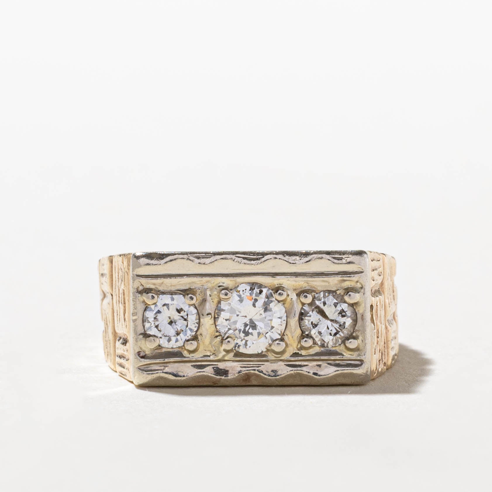 10k Diamond Three Stone Textured Signet Ring | 0.71ctw | SZ 9.5