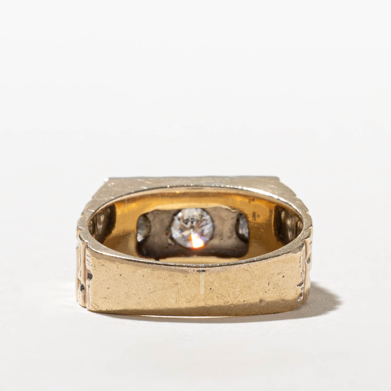 10k Diamond Three Stone Textured Signet Ring | 0.71ctw | SZ 9.5