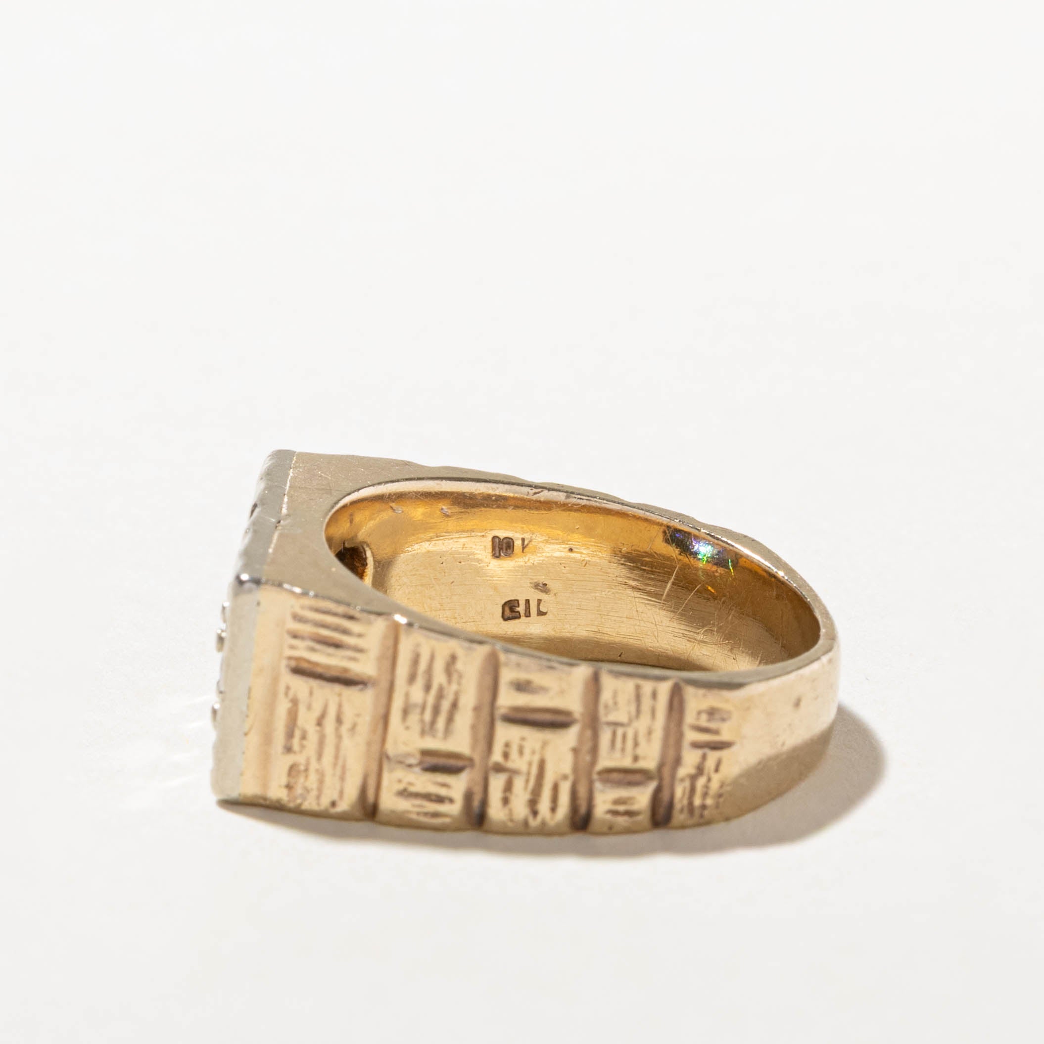 10k Diamond Three Stone Textured Signet Ring | 0.71ctw | SZ 9.5