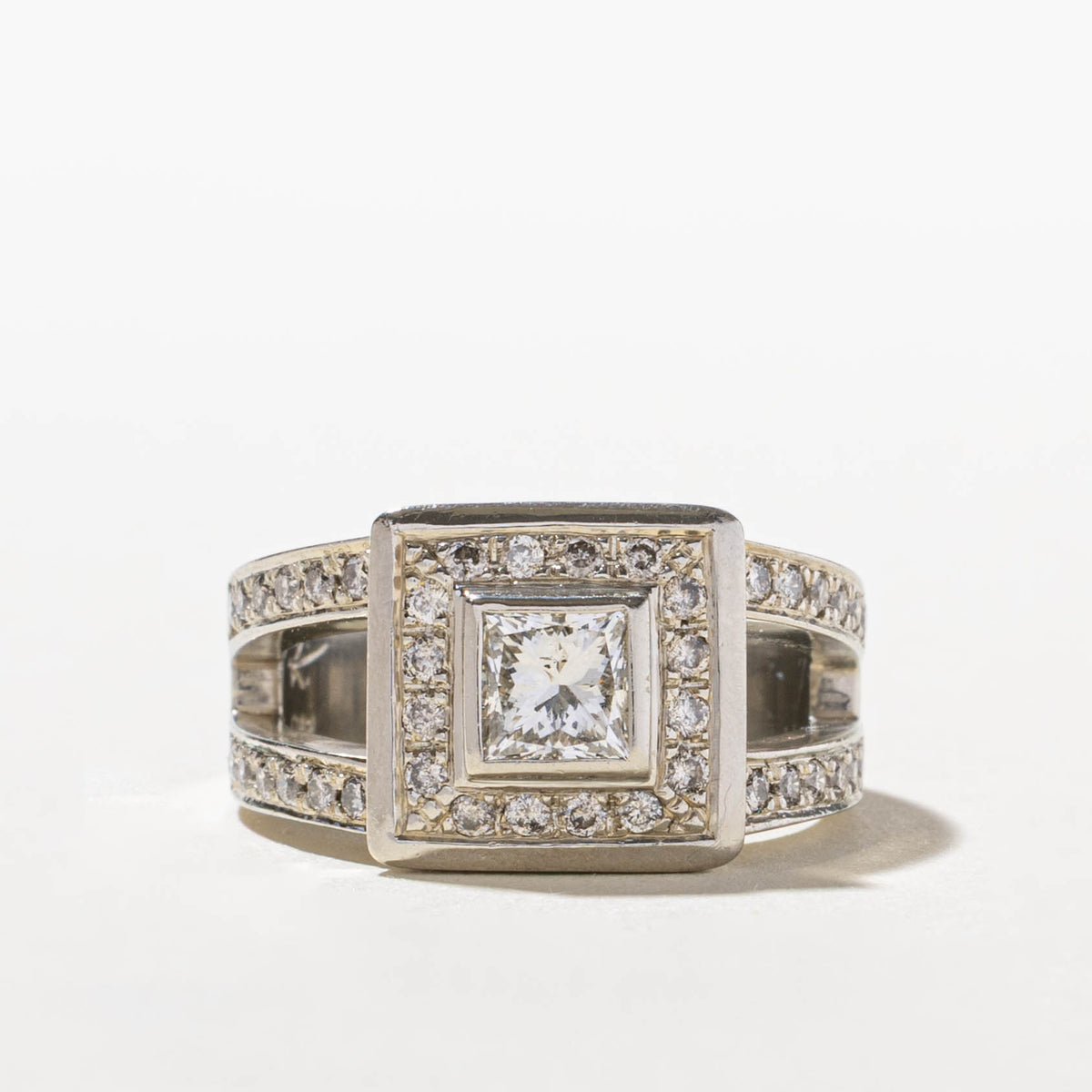 14k Bezel Set Princess Cut Diamond Halo Chunky Ring | 0.70ct SI1 J, 0.63ctw | SZ 7