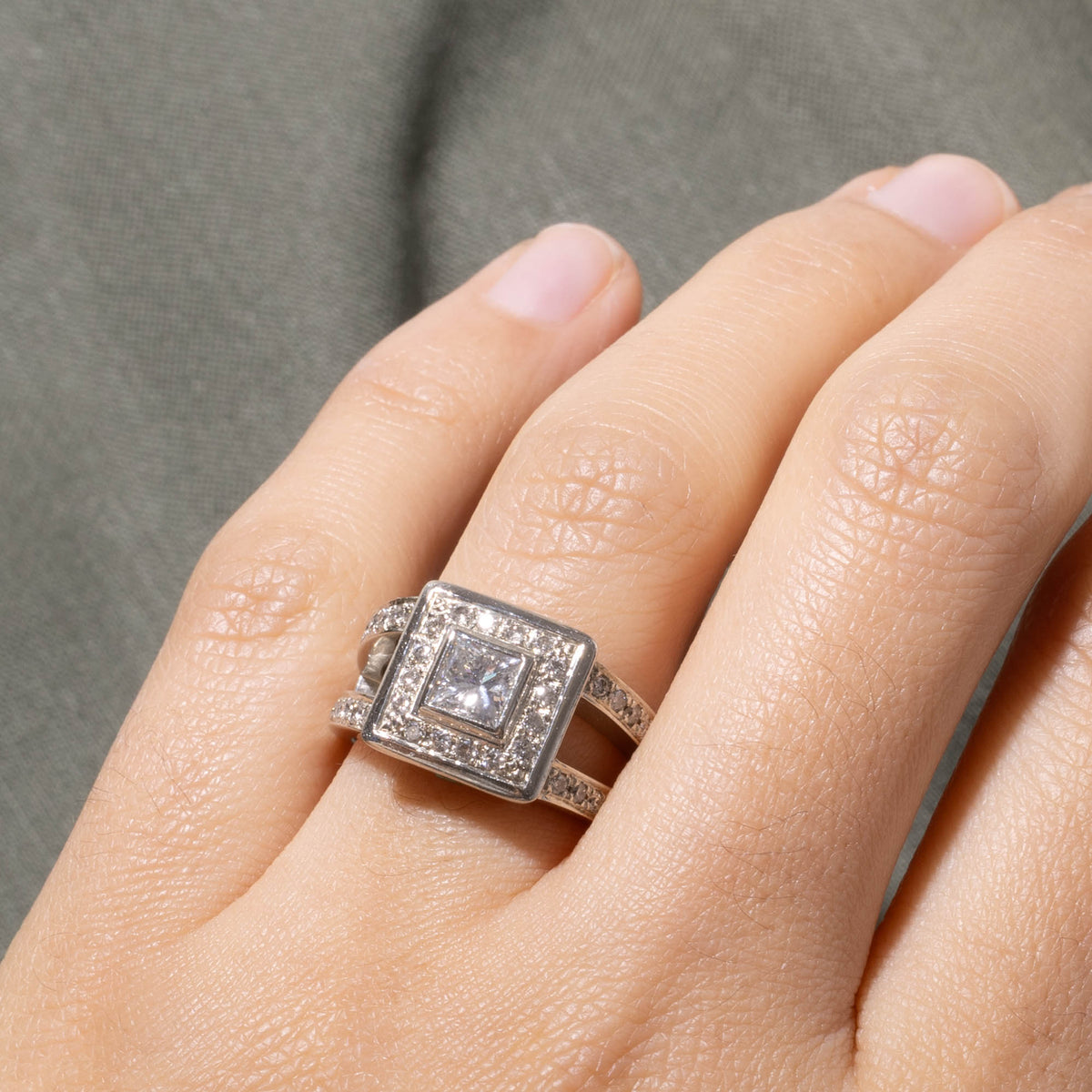 14k Bezel Set Princess Cut Diamond Halo Chunky Ring | 0.70ct SI1 J, 0.63ctw | SZ 7