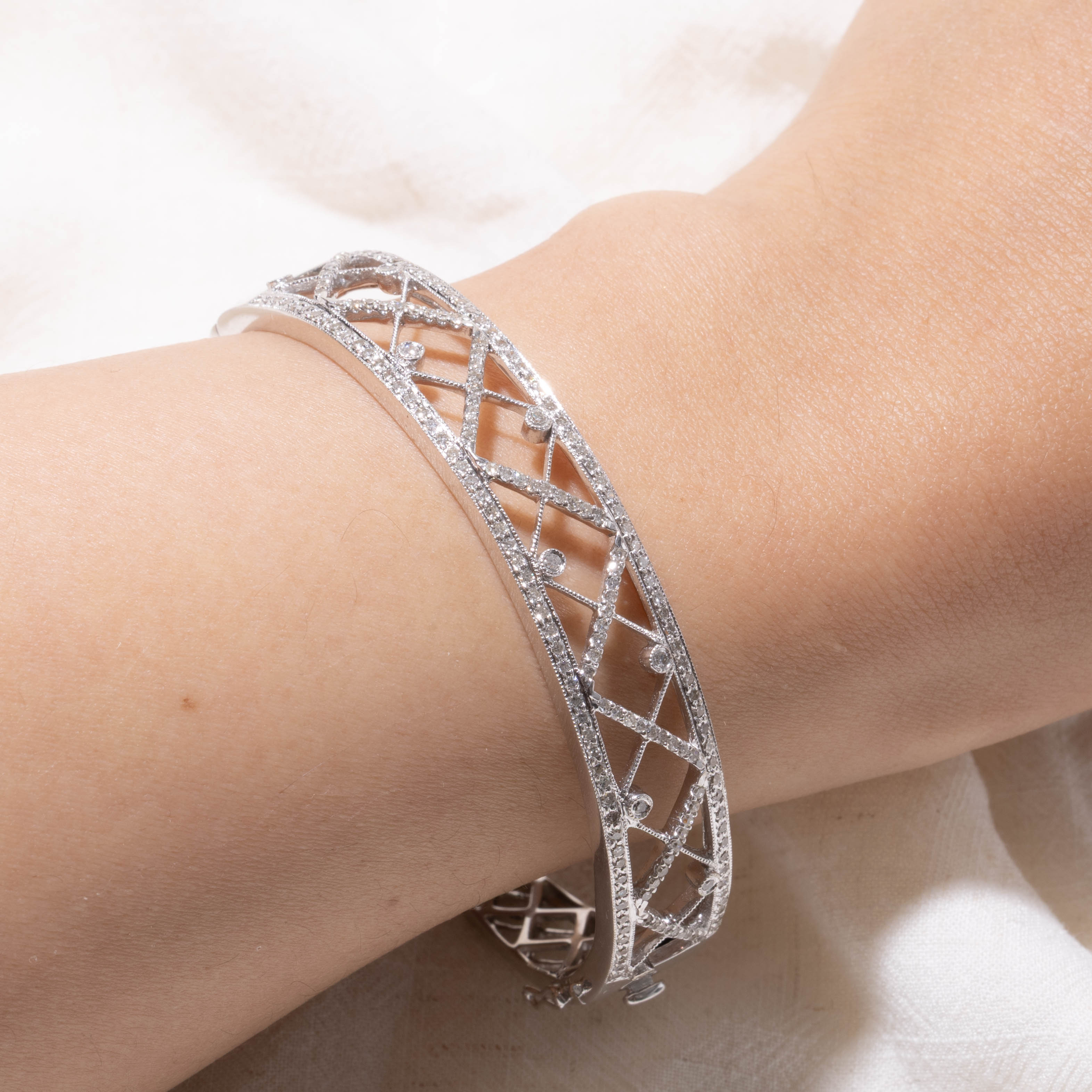 14k White Gold Diamond “X” Openwork Bangle | 0.53ctw | 7"