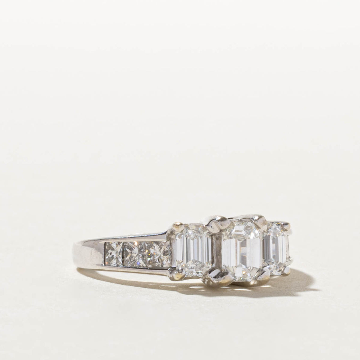 14k Emerald Cut Three Stone Diamond Accented Ring | 0.42ct VS1 G/H, 1.18ctw | SZ 5.5