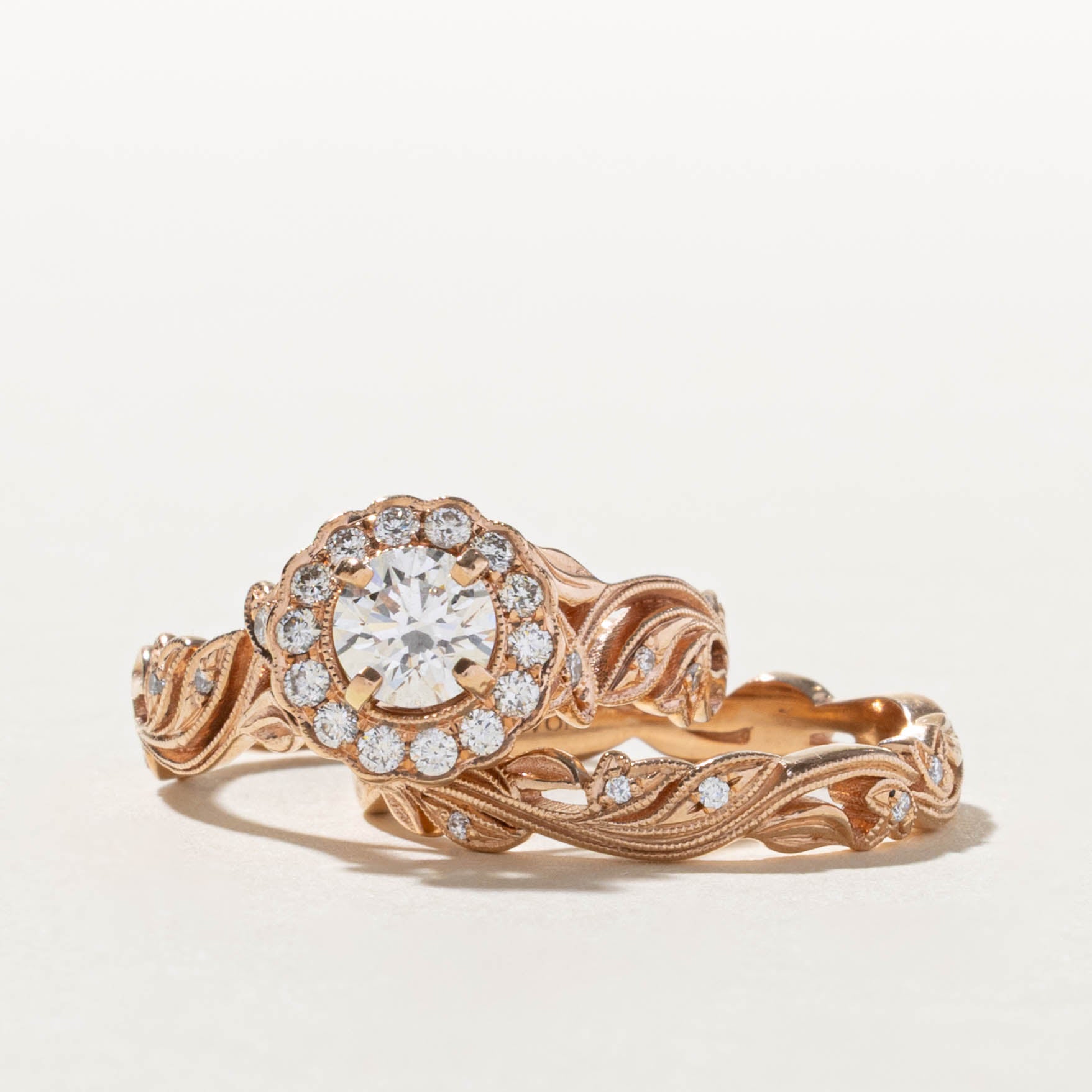 14k Canadian Diamond Halo Floral Wedding Ring Set | 0.53ct VS1 H, 0.24ctw | SZ 6.75