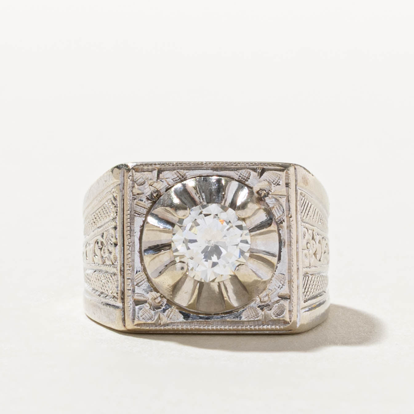 10k Illusion Set Diamond Floral Engraved Signet Ring | 0.82ct SI2 H/I | SZ 6.75