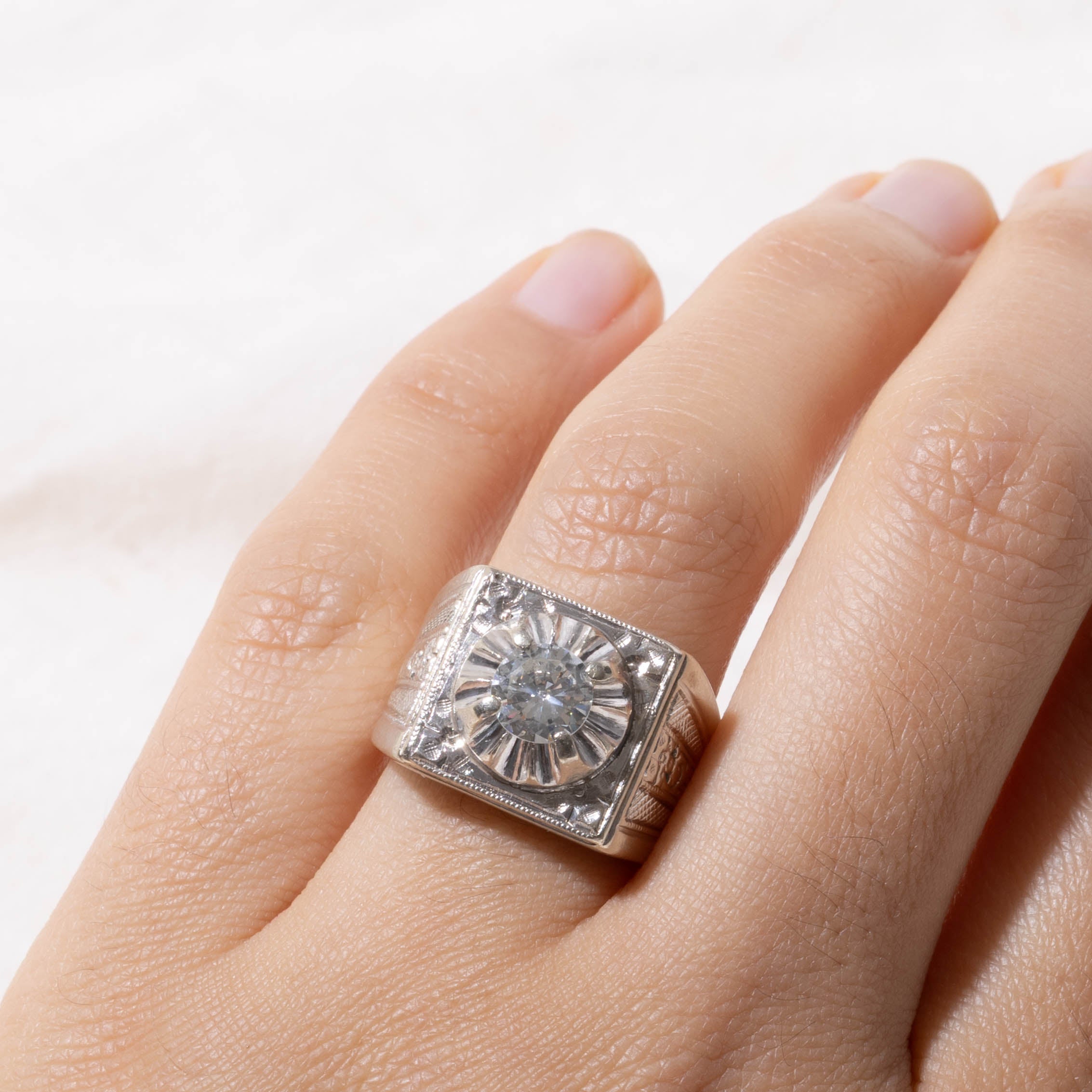 10k Illusion Set Diamond Floral Engraved Signet Ring | 0.82ct SI2 H/I | SZ 6.75
