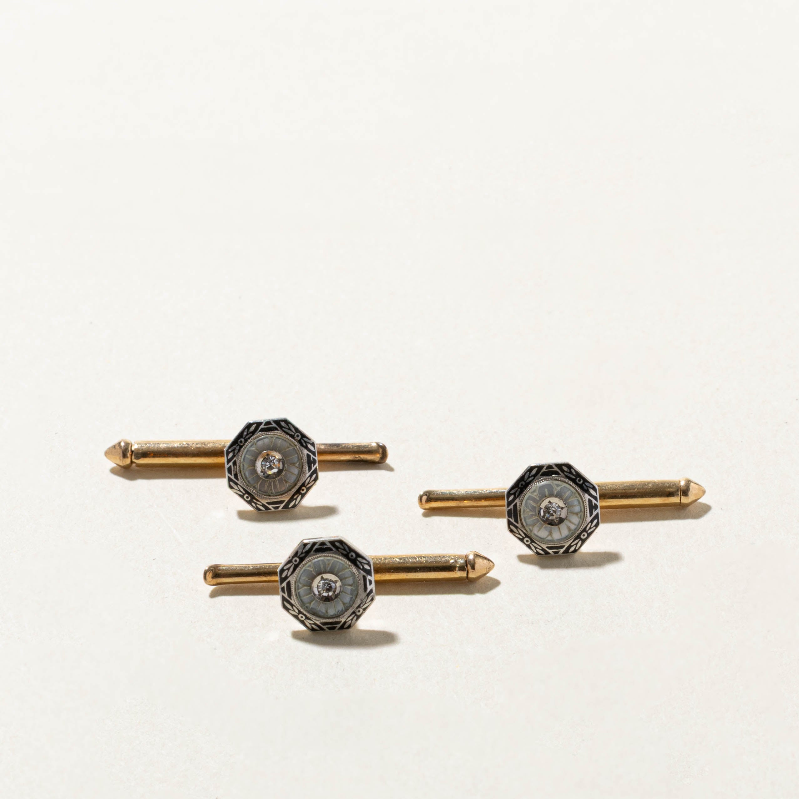 Art Deco 14k Mother of Pearl, Enamel & Diamond Shirt Studs