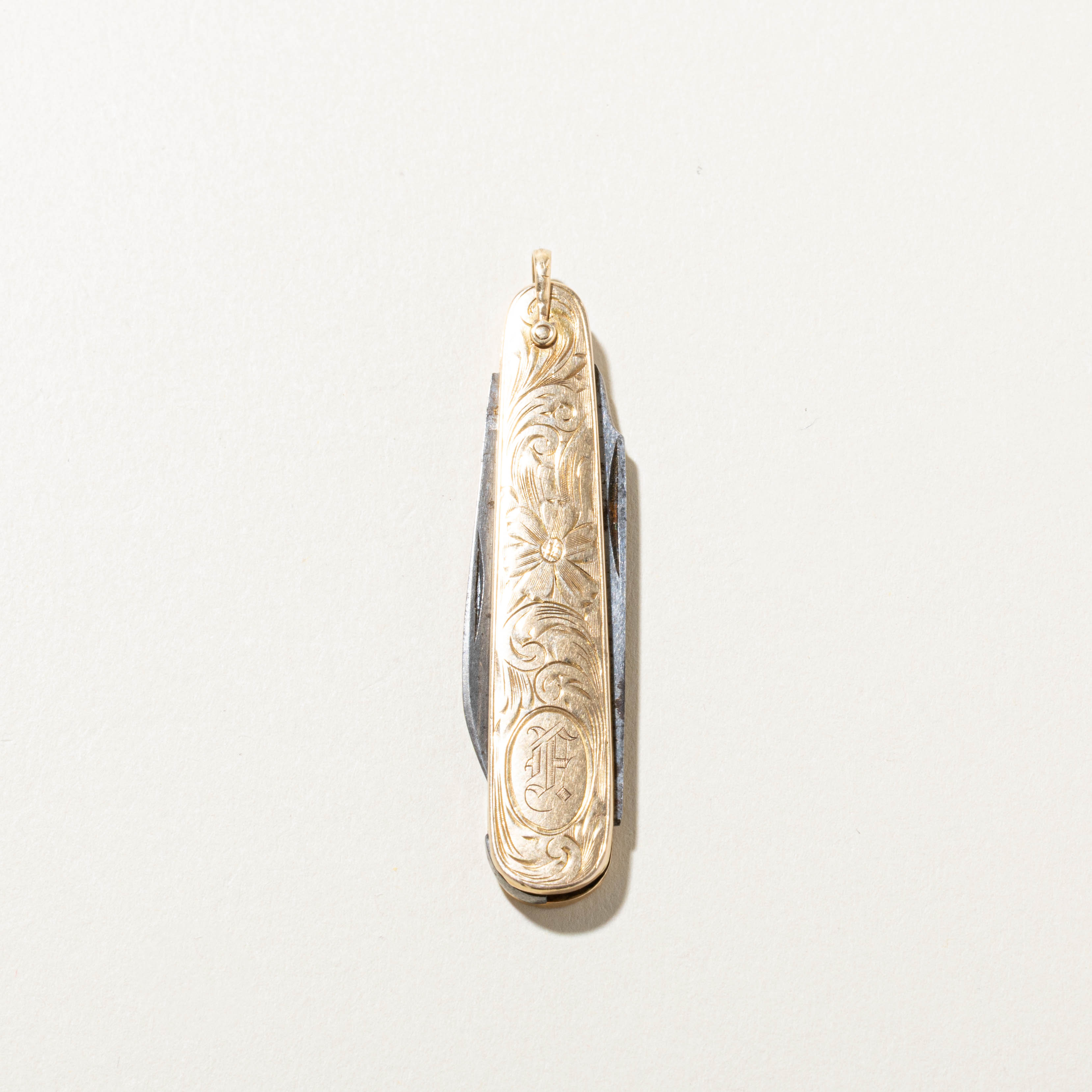 14k Floral Engraved Penknife with Steel Blades
