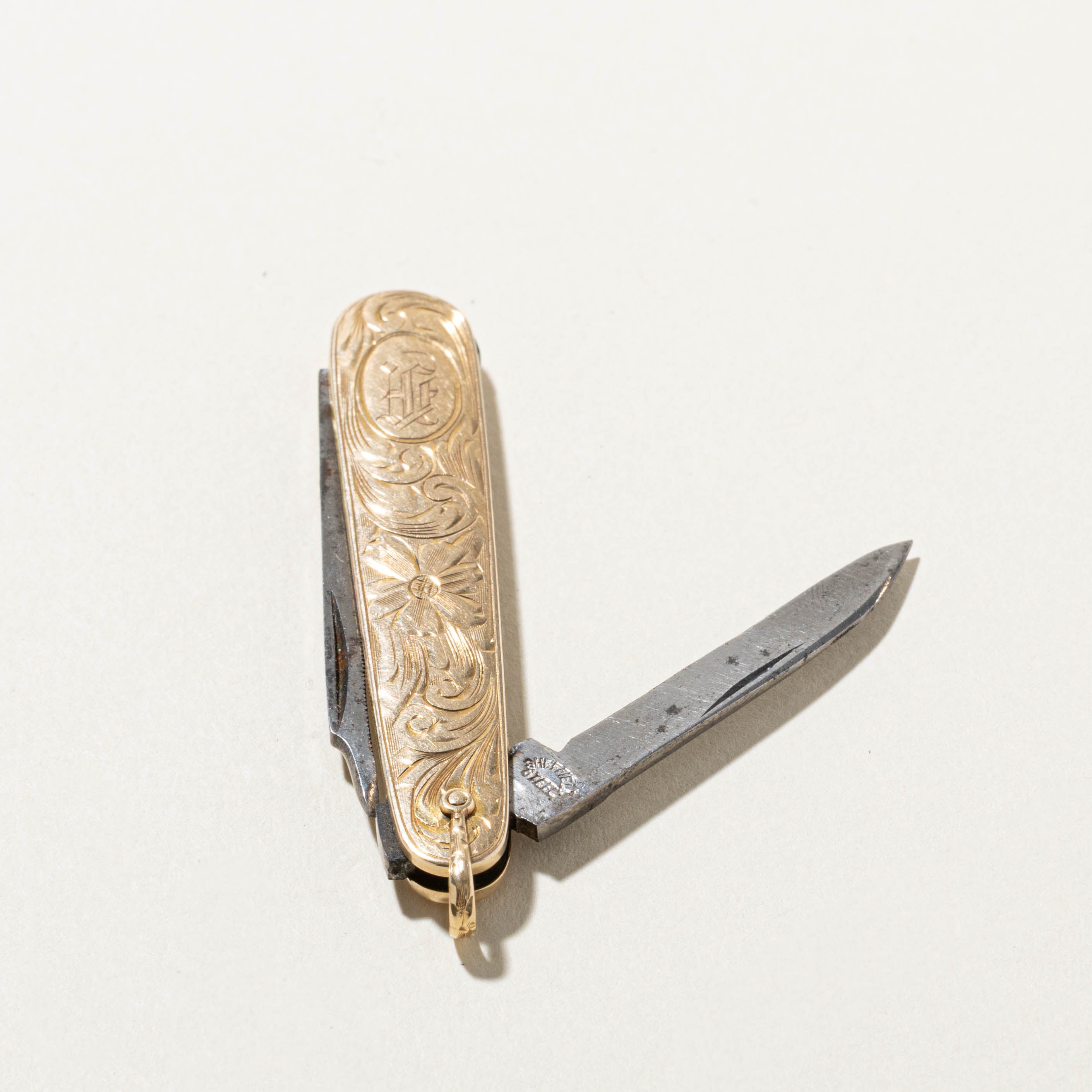 14k Floral Engraved Penknife with Steel Blades