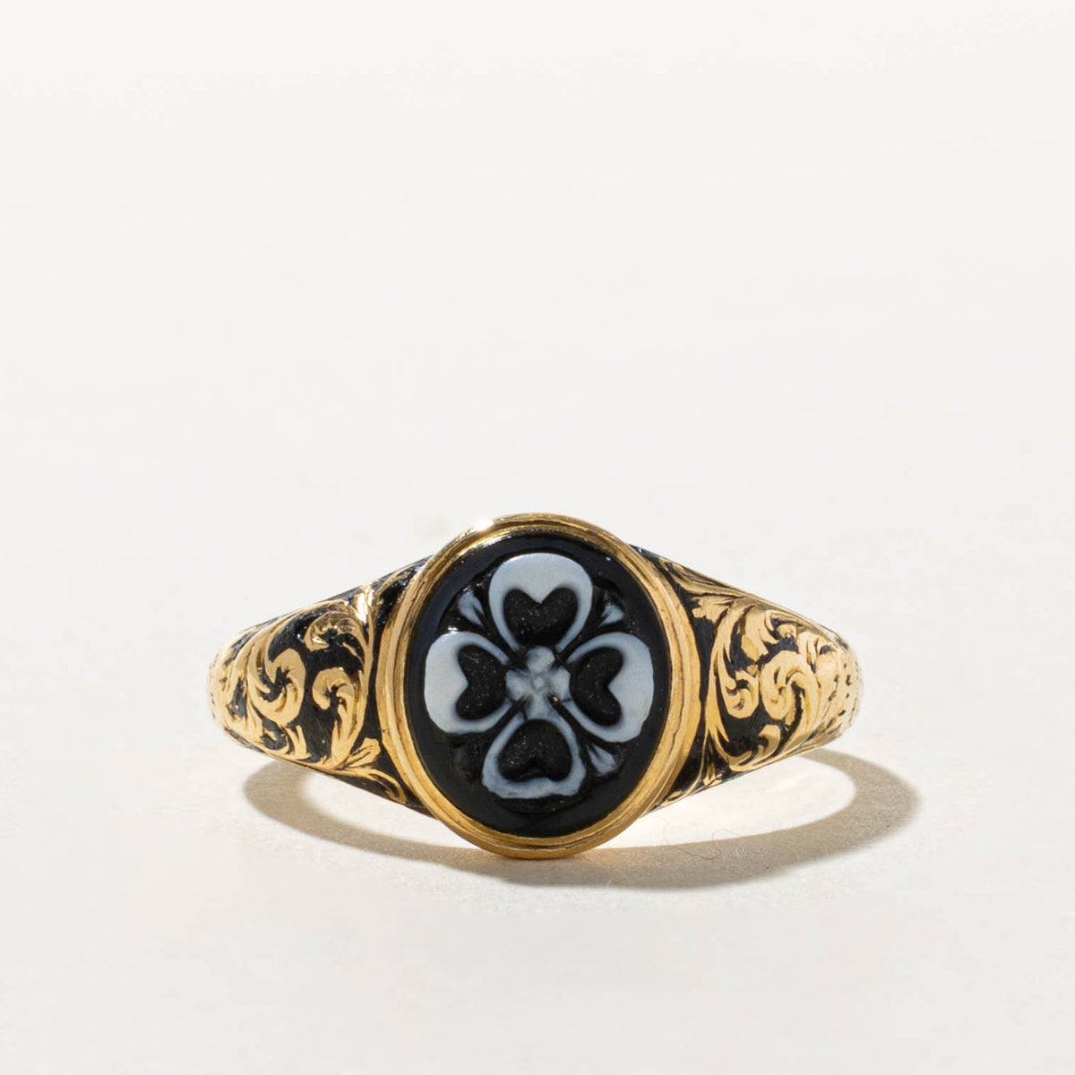 1839 London Onyx Flower Mourning Ring | 1.2ct | SZ 8.75