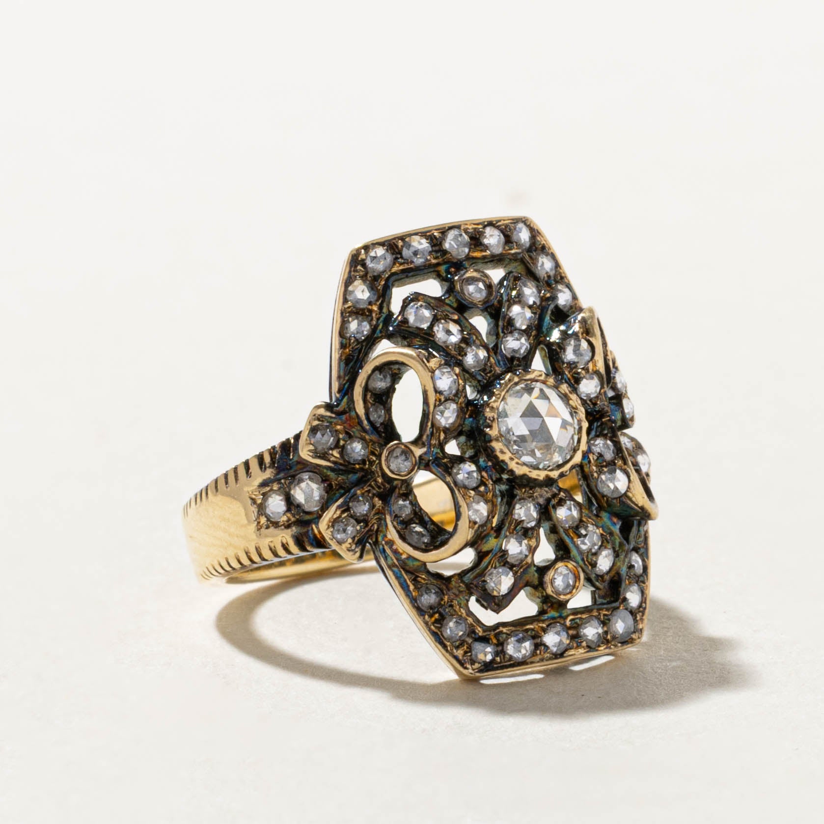 Antique 18k Rose Cut Diamond Navette Plaque Ring | 0.36ct, 0.32ctw | SZ 5