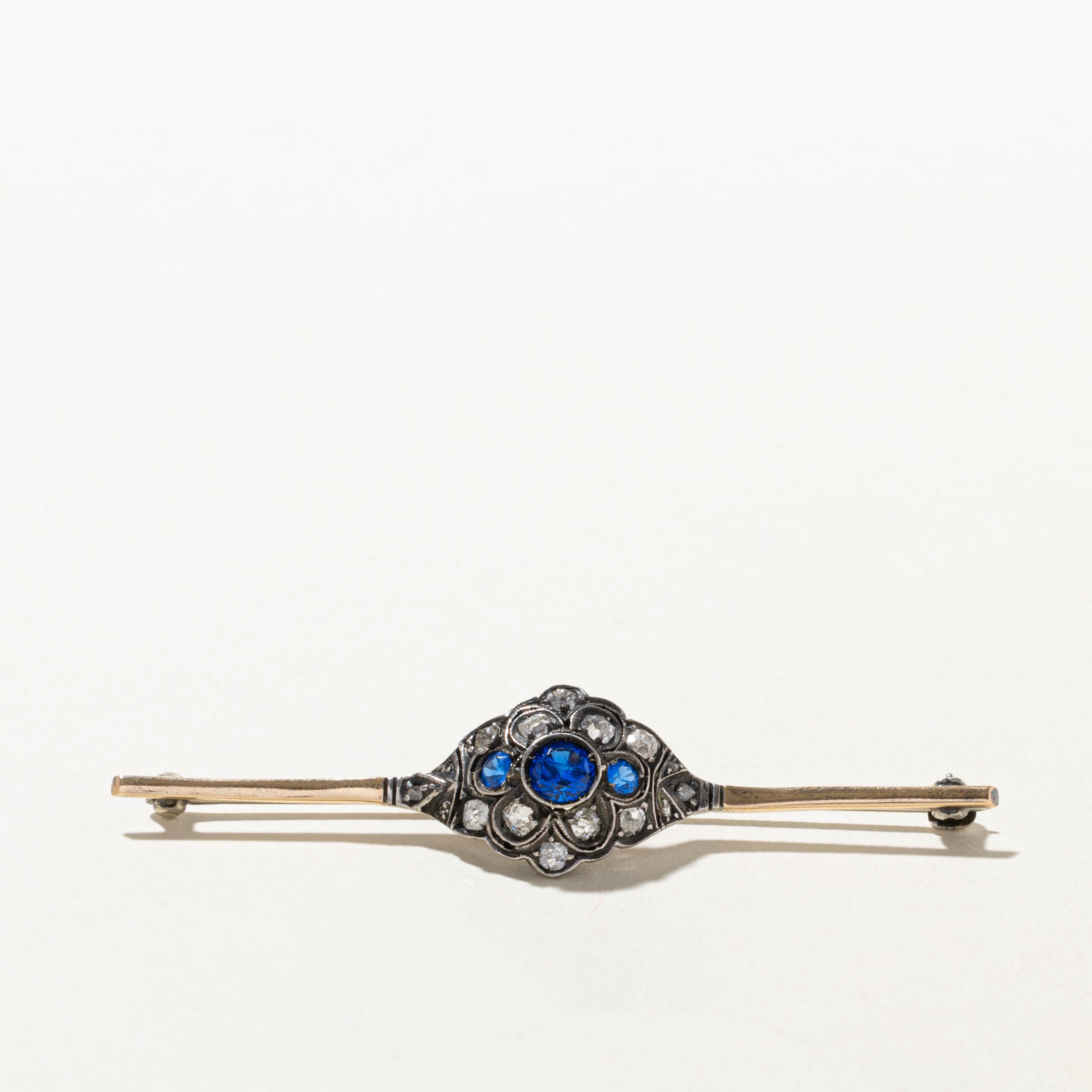Late Victorian Silver Topped 14k Old Mine & Rose Cut Diamond Blue Paste Bar Brooch
