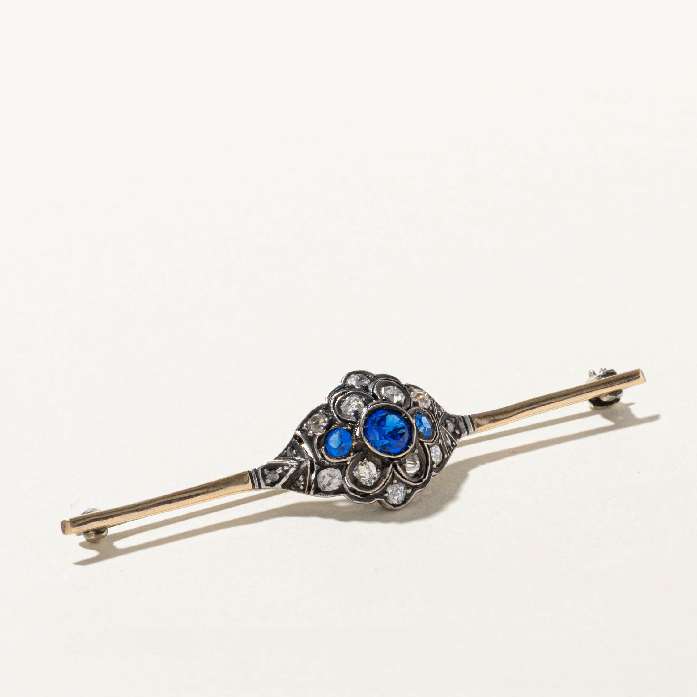 Late Victorian Silver Topped 14k Old Mine & Rose Cut Diamond Blue Paste Bar Brooch