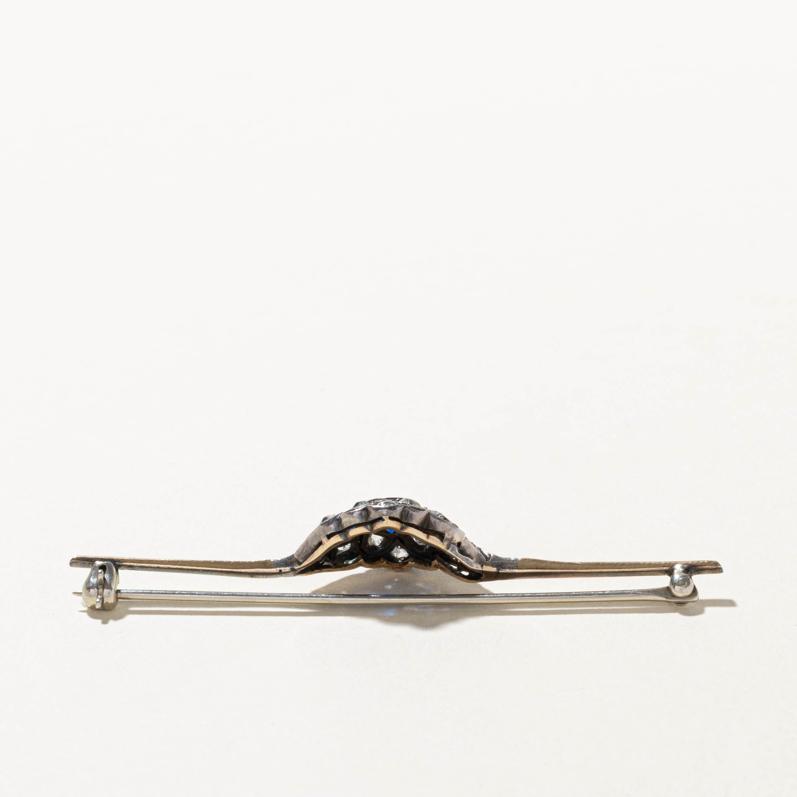 Late Victorian Silver Topped 14k Old Mine & Rose Cut Diamond Blue Paste Bar Brooch