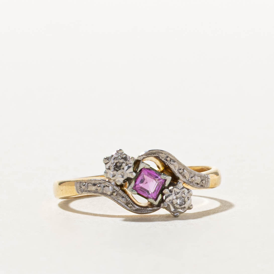 Early Art Deco Platinum & 18k Synthetic Ruby & Diamond Ring  | 0.1ct, 0.01ctw | SZ 5.75