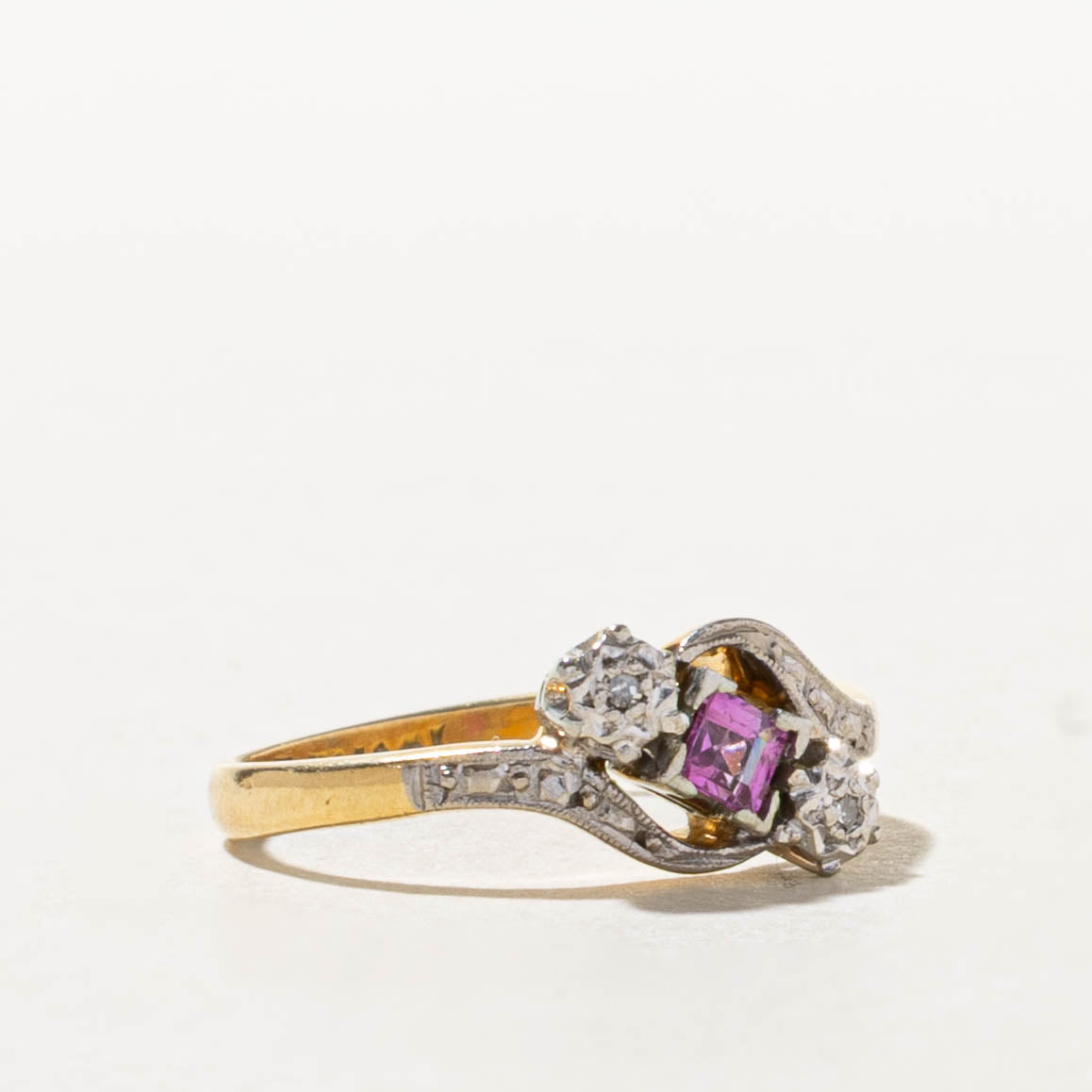 Early Art Deco Platinum & 18k Synthetic Ruby & Diamond Ring  | 0.1ct, 0.01ctw | SZ 5.75