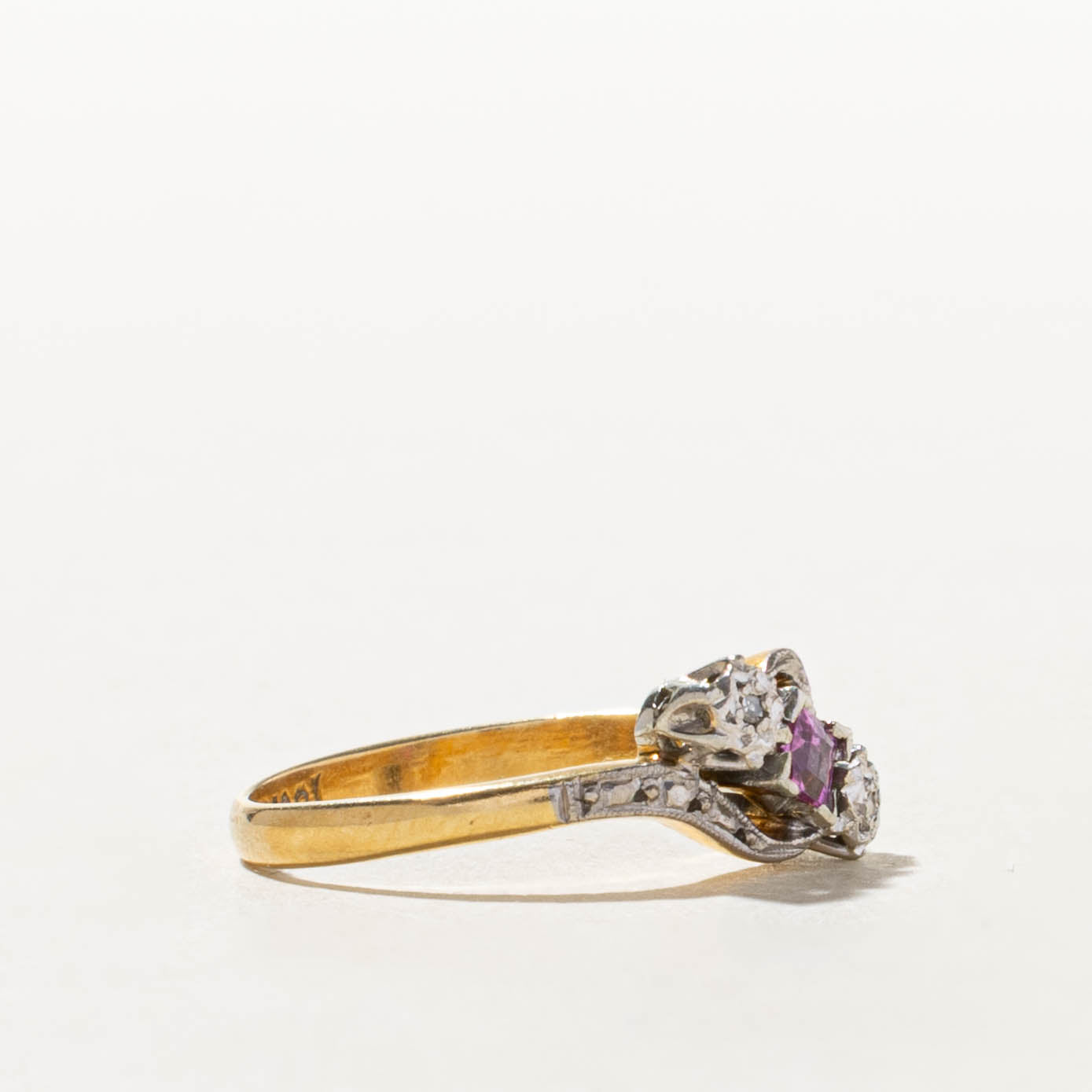 Early Art Deco Platinum & 18k Synthetic Ruby & Diamond Ring  | 0.1ct, 0.01ctw | SZ 5.75