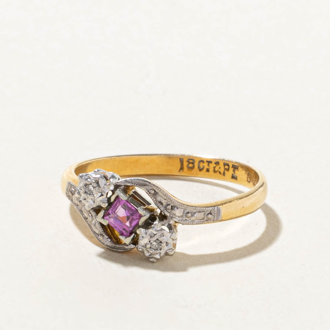 Early Art Deco Platinum & 18k Synthetic Ruby & Diamond Ring  | 0.1ct, 0.01ctw | SZ 5.75