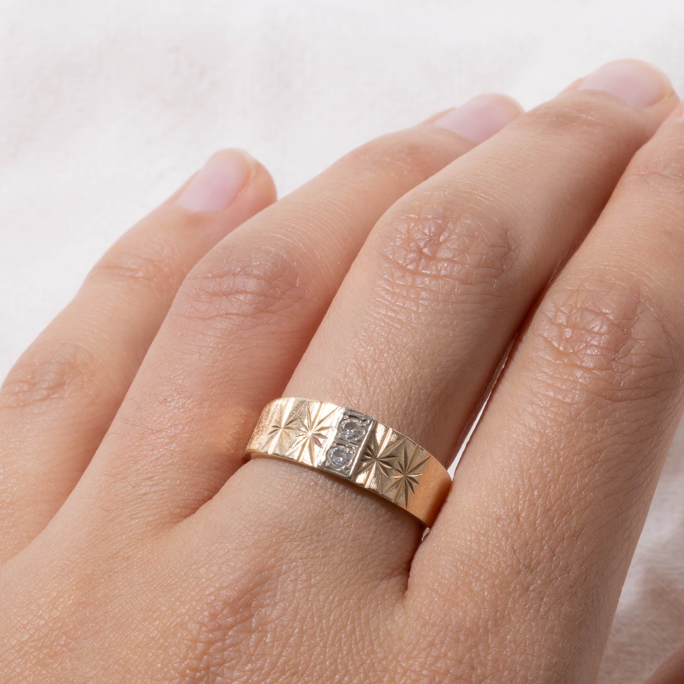 10k Two Stone Diamond Engraved Band | 0.1ctw | SZ 8.5