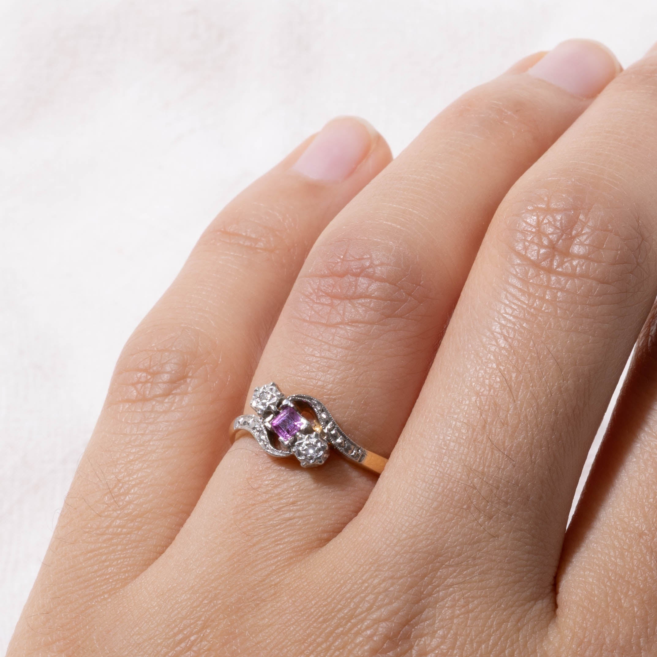 Early Art Deco Platinum & 18k Synthetic Ruby & Diamond Ring  | 0.1ct, 0.01ctw | SZ 5.75