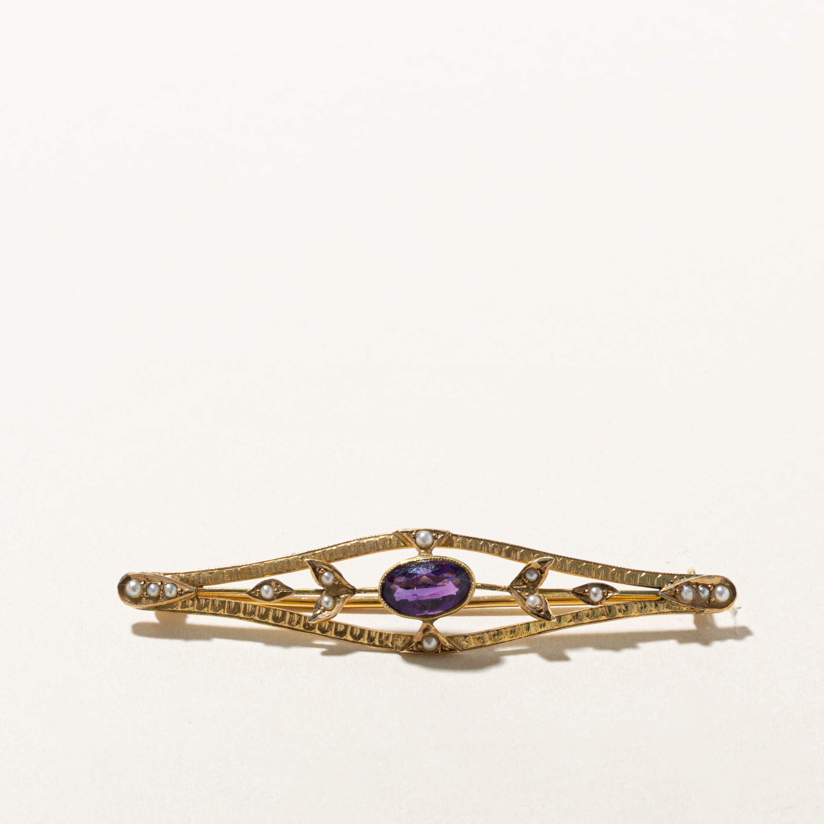 Antique 14k Amethyst Seed Pearl Openwork Bar Brooch