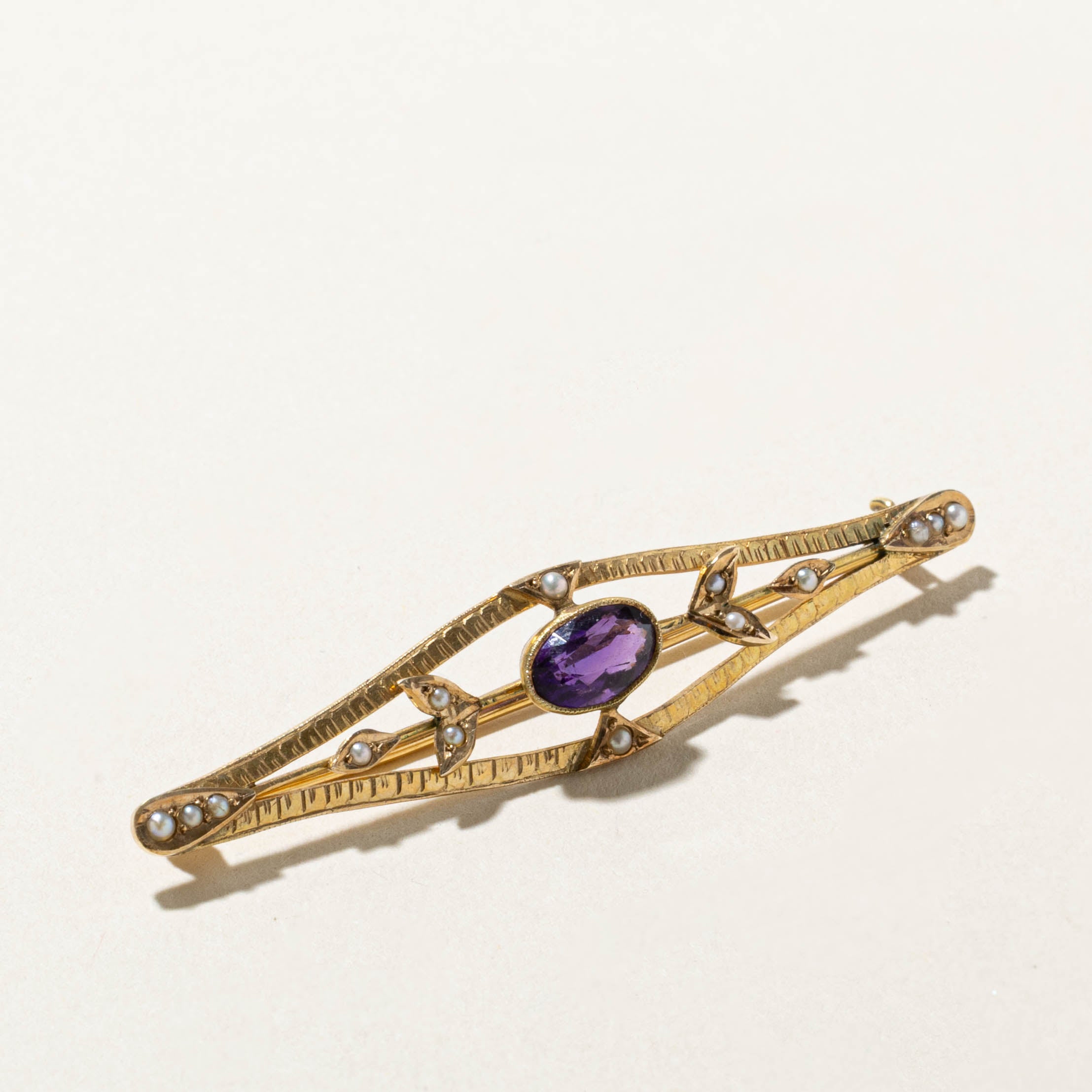 Antique 14k Amethyst Seed Pearl Openwork Bar Brooch