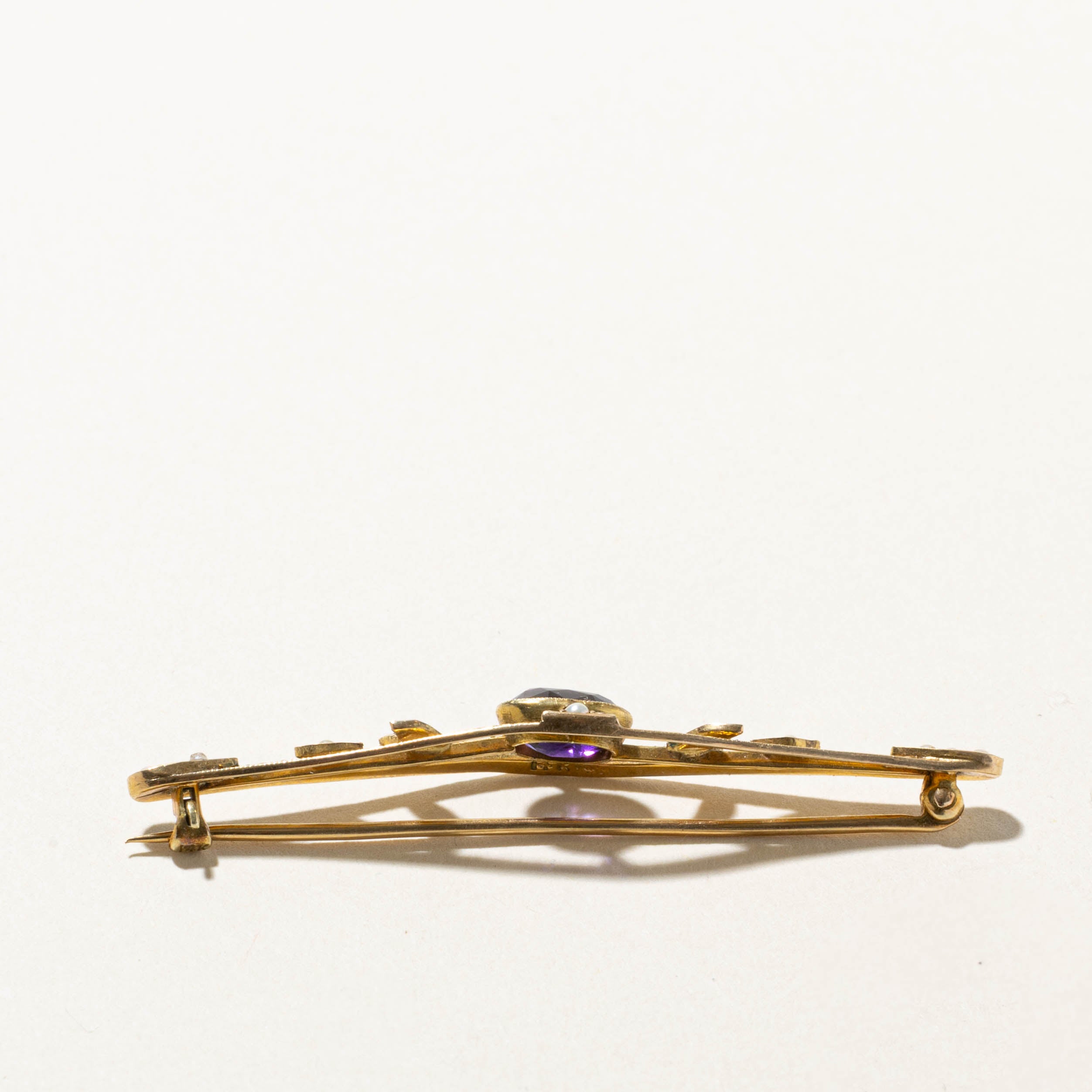 Antique 14k Amethyst Seed Pearl Openwork Bar Brooch