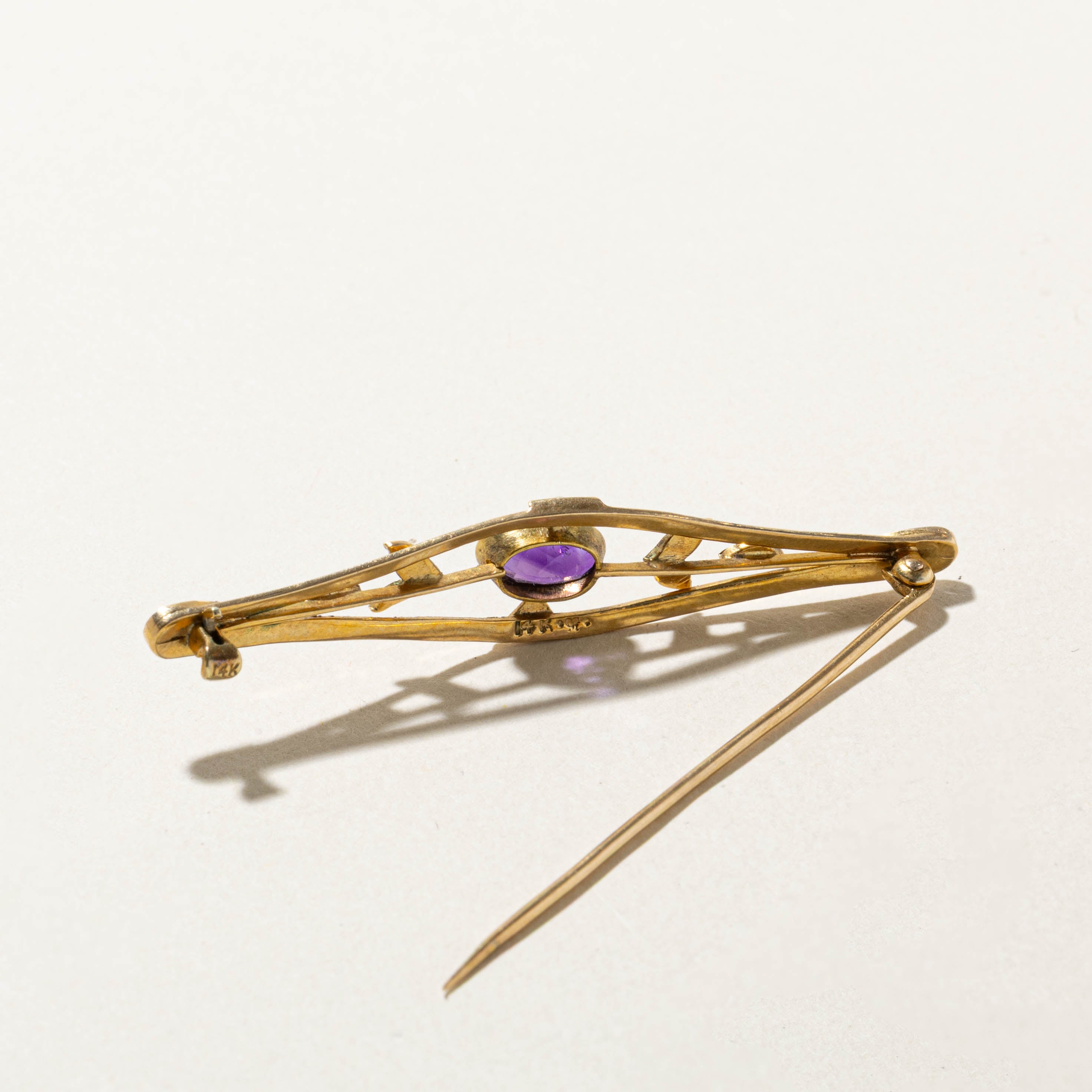 Antique 14k Amethyst Seed Pearl Openwork Bar Brooch