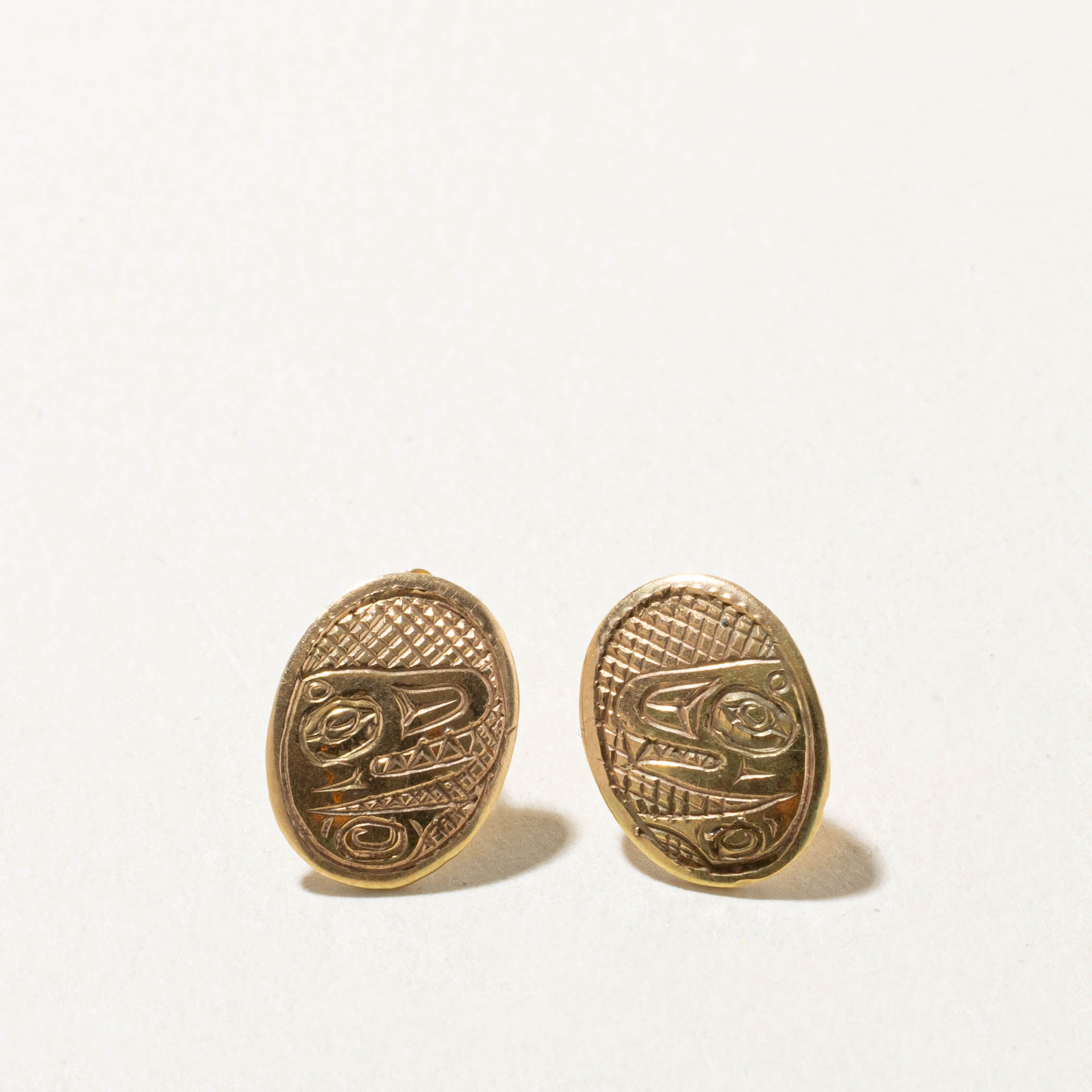 'B.K' 14k Yellow Gold Indigenous Carved Orca Stud Earrings