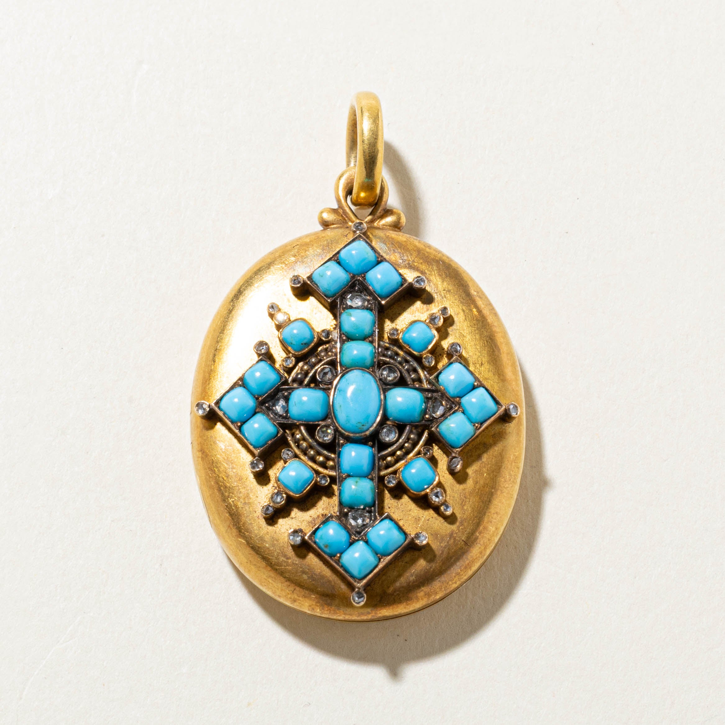 Victorian c.1860 Turquoise & Rose Cut Diamond Locket | 3.4ctw 0.18ctw
