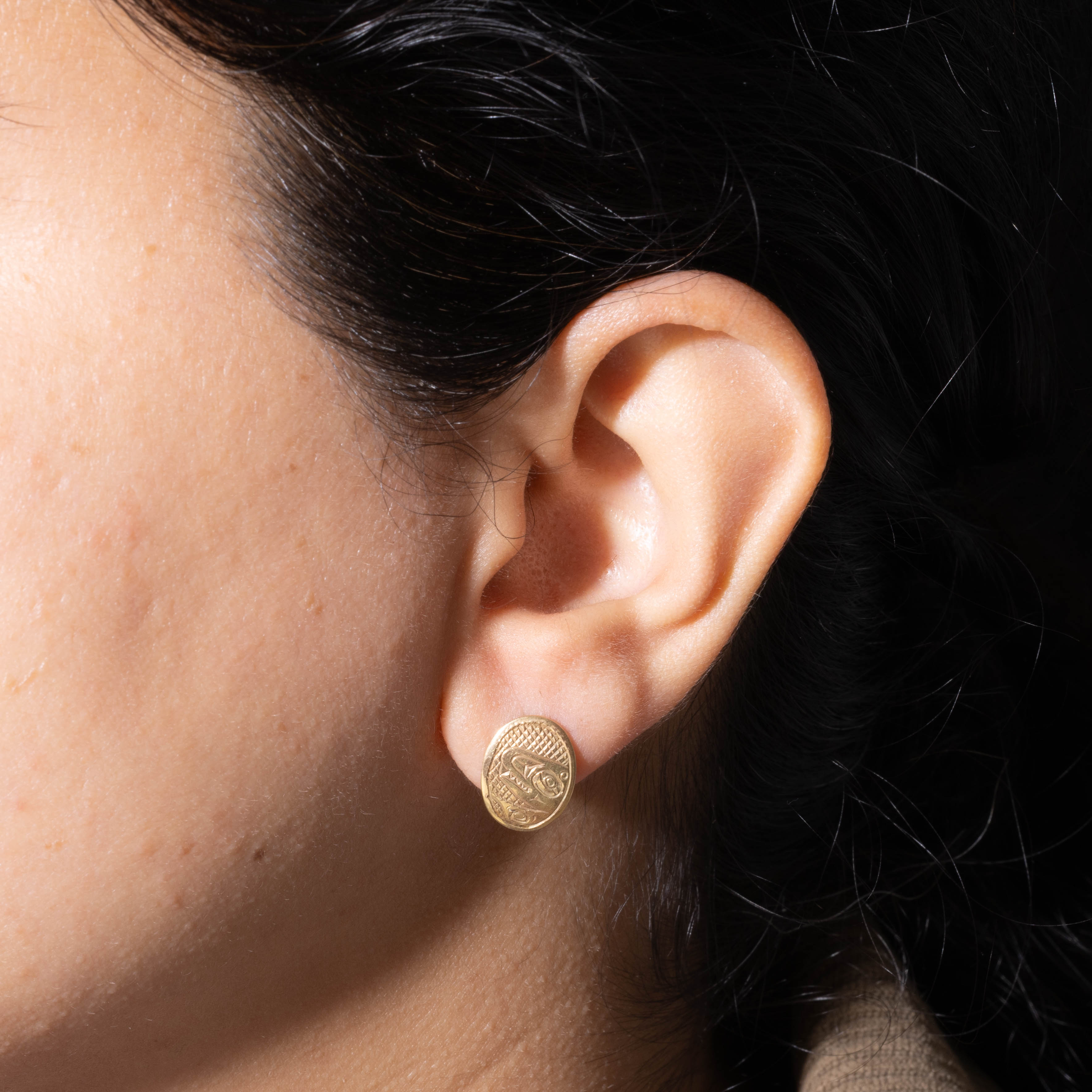 'B.K' 14k Yellow Gold Indigenous Carved Orca Stud Earrings