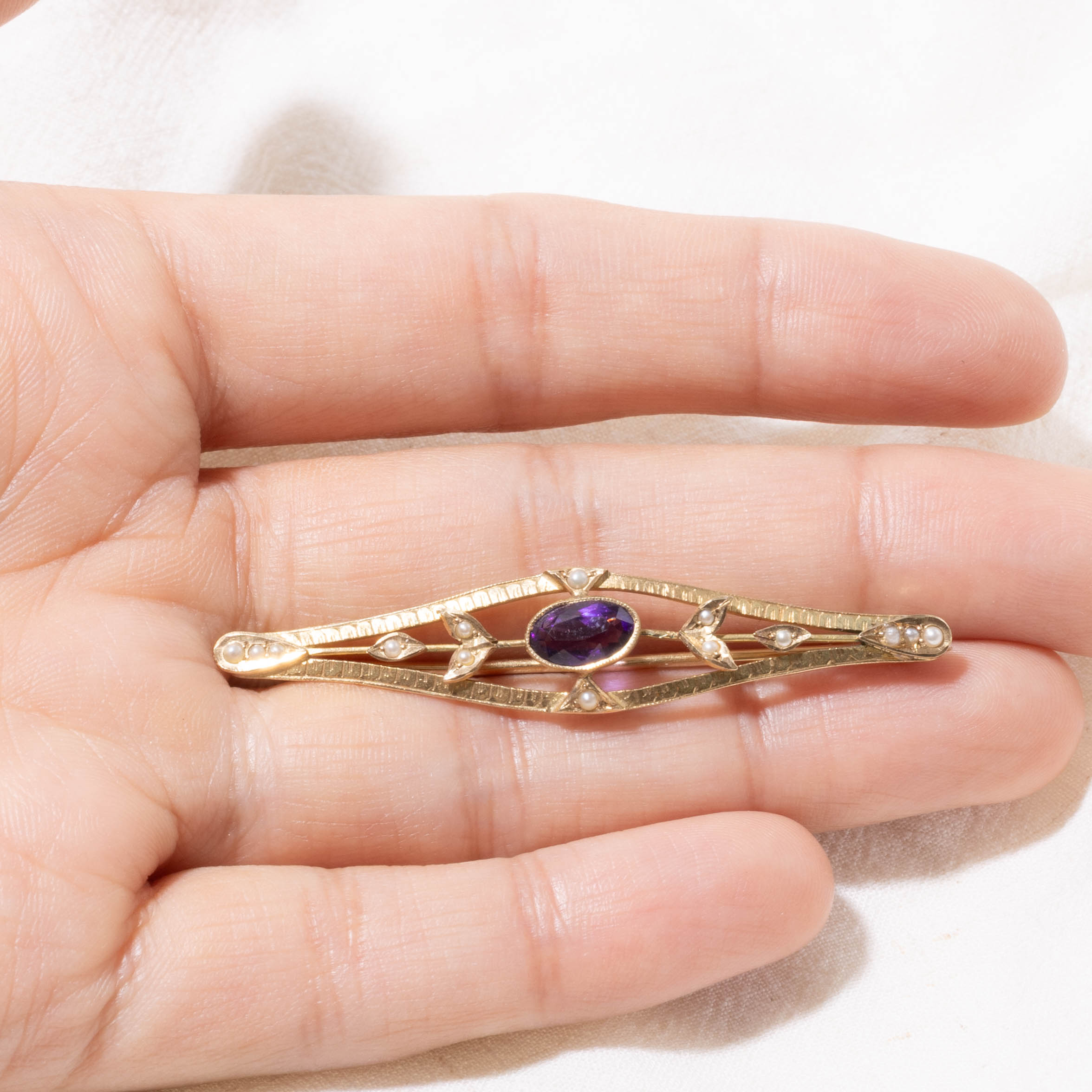 Antique 14k Amethyst Seed Pearl Openwork Bar Brooch