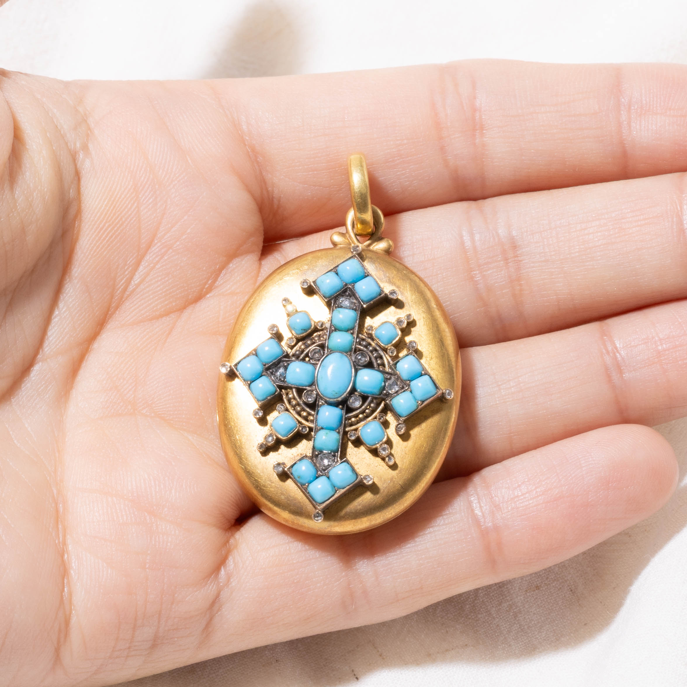 Victorian c.1860 Turquoise & Rose Cut Diamond Locket | 3.4ctw 0.18ctw