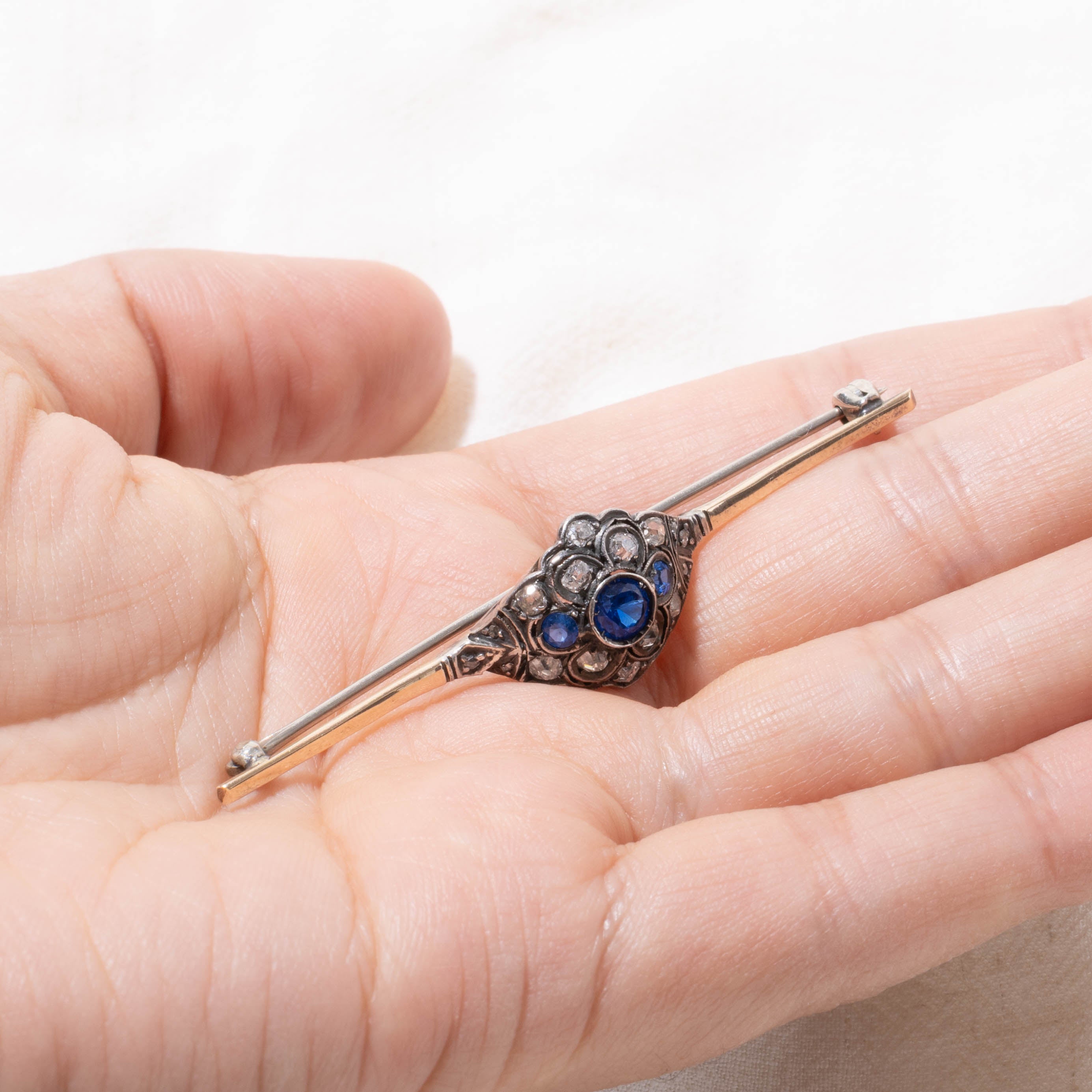 Late Victorian Silver Topped 14k Old Mine & Rose Cut Diamond Blue Paste Bar Brooch
