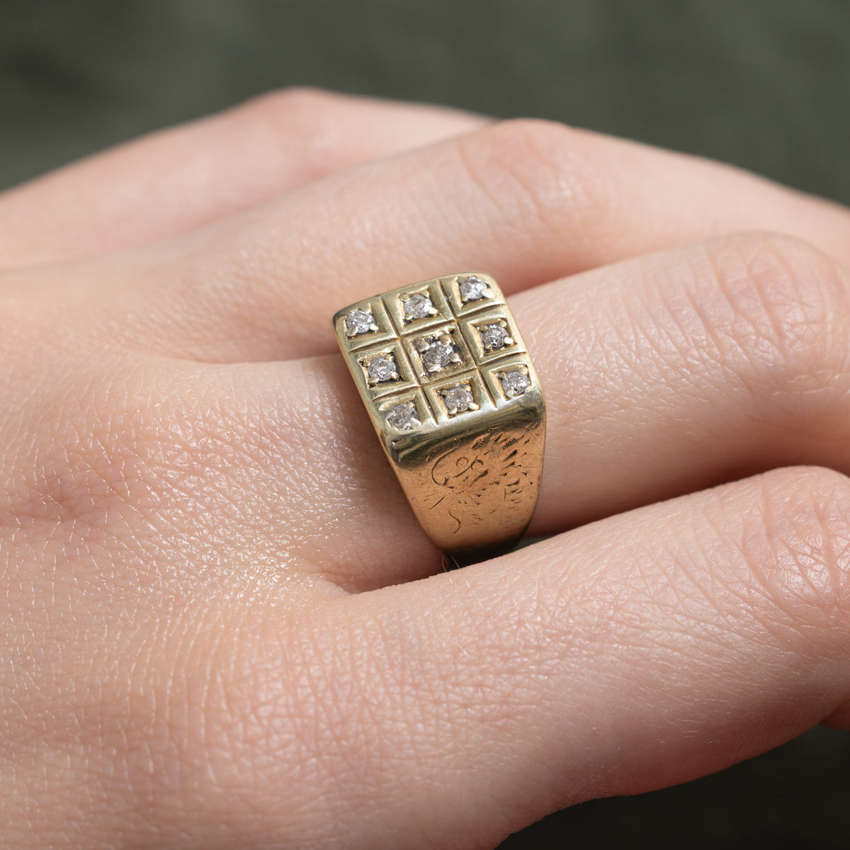 13k Diamond Grid Engraved Signet Ring | 0.18ctw | SZ 6.5