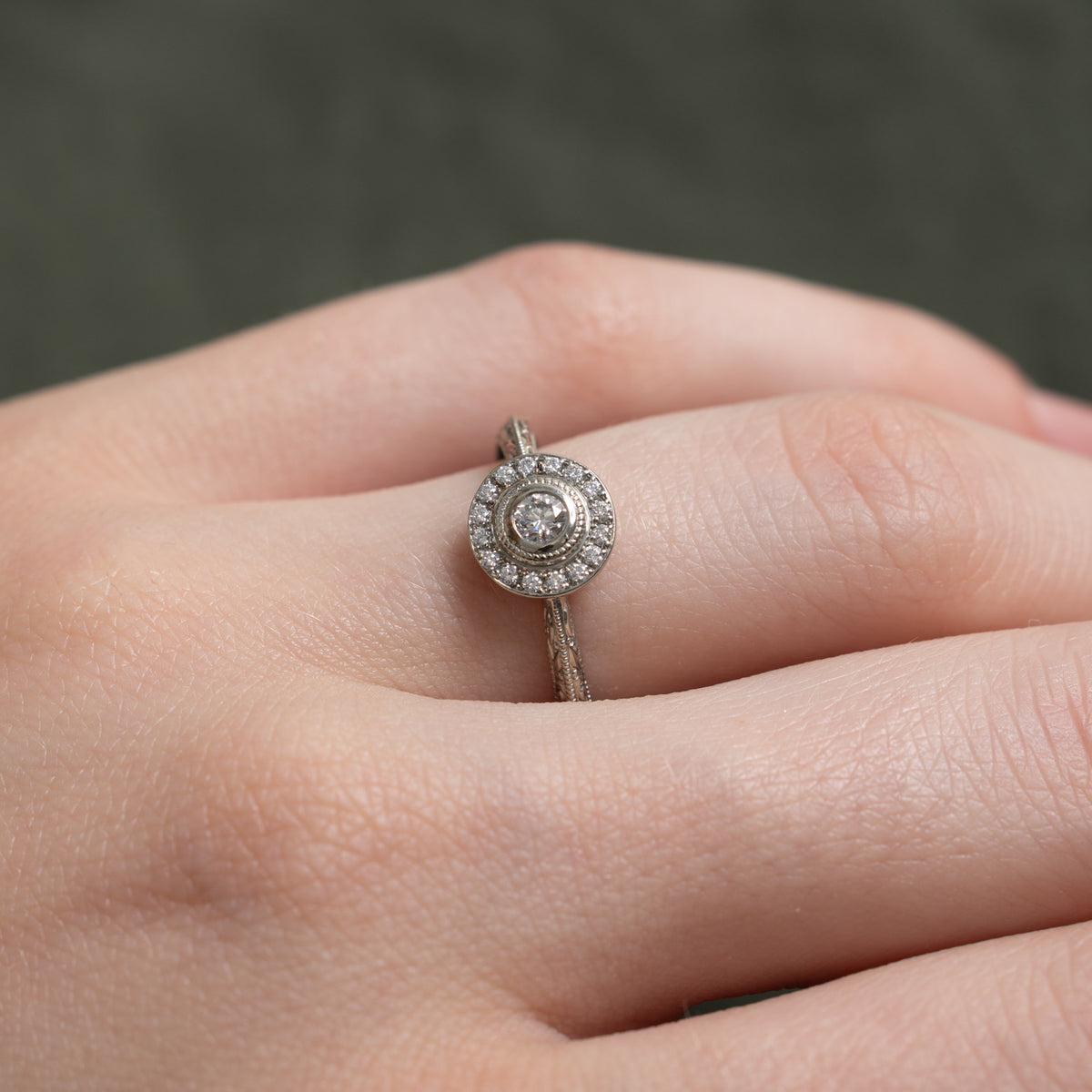 14k Bezel Set Diamond Halo Engraved Ring | 0.13ctw | SZ 6