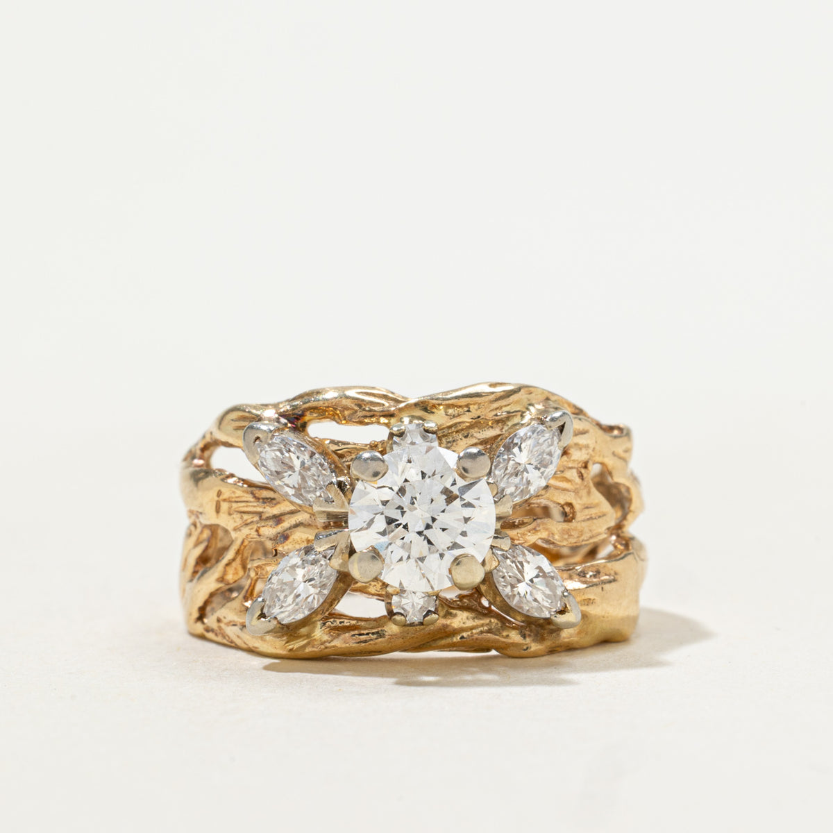 14k Diamond Floral Cluster Textured Openwork Organic Ring | 0.65ct SI1 H, 0.34ctw | SZ 4.5
