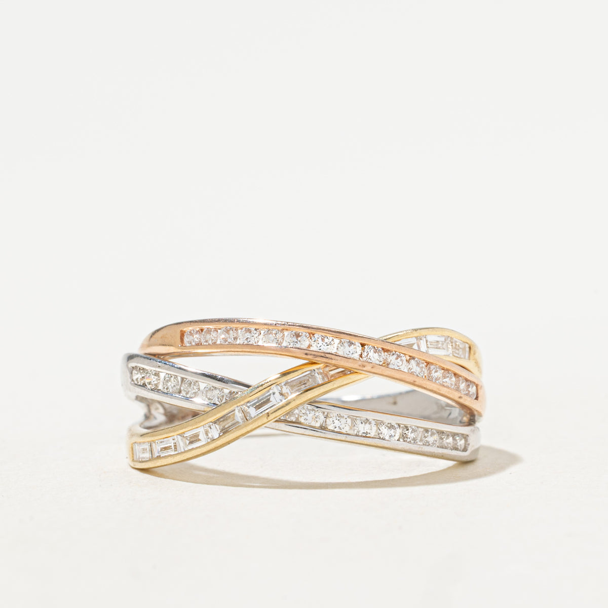 14k Tri Tone Multi Row Diamond Cross Over Ring | 0.37ctw | SZ 7